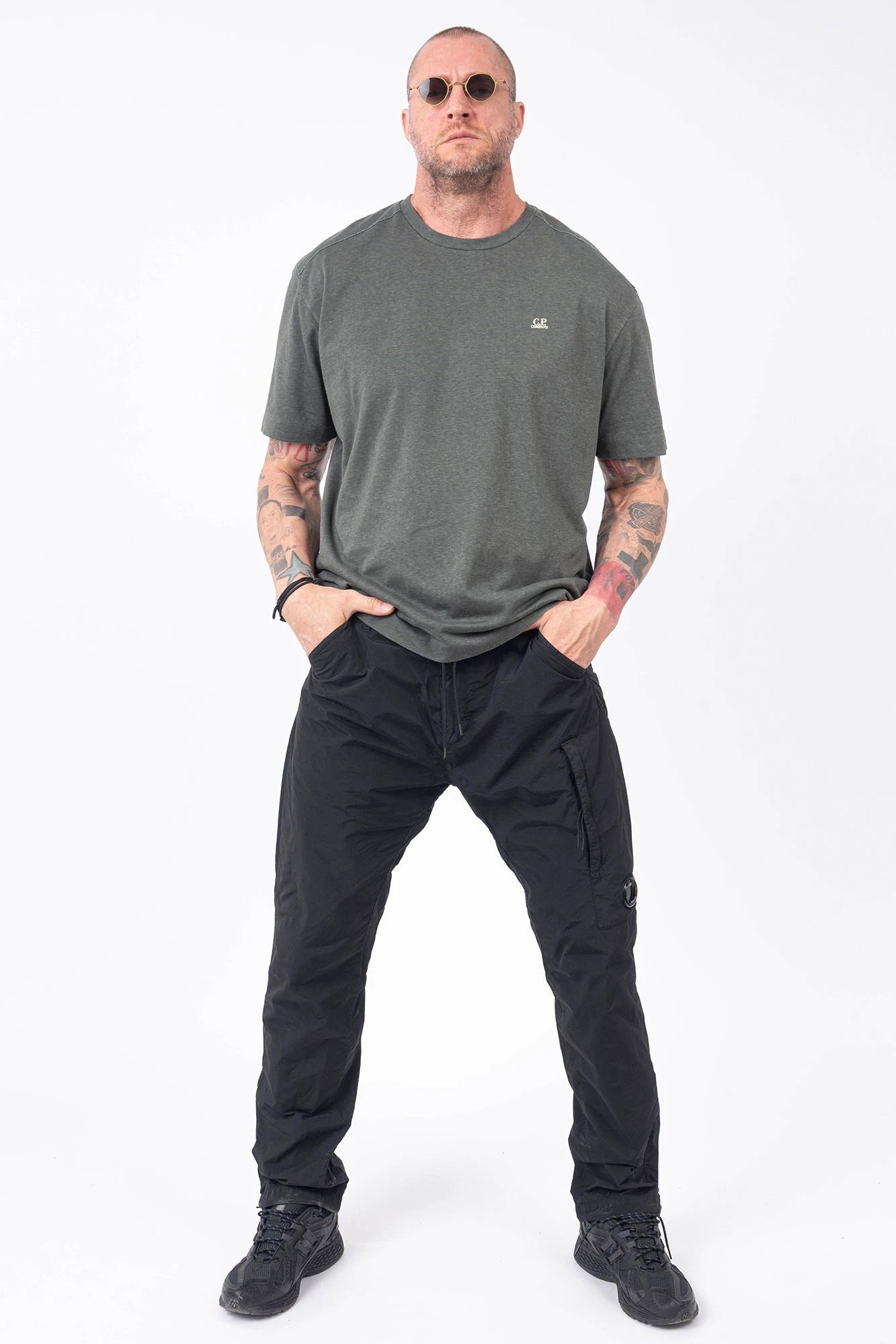 C.P. Company, Mens T-Shirt, Gunmetal 921, Grey, Gray, Short Sleeves, Ribbed Hems and Neck, Chest Logo Print, Organic Cotton, Garment Dyed, Chester Perry, Massimo Osti, Full Body Front View. 
