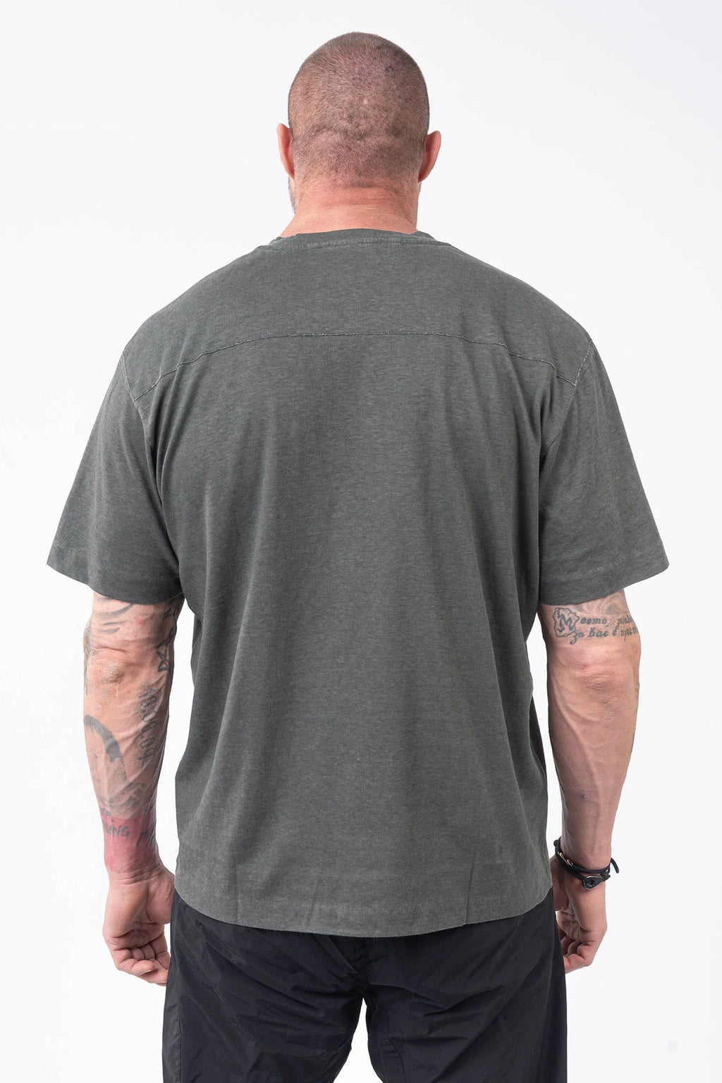 C.P. Company, Mens T-Shirt, Gunmetal 921, Grey, Gray, Short Sleeves, Ribbed Hems and Neck, Chest Logo Print, Organic Cotton, Garment Dyed, Chester Perry, Massimo Osti, Back Portrait. 