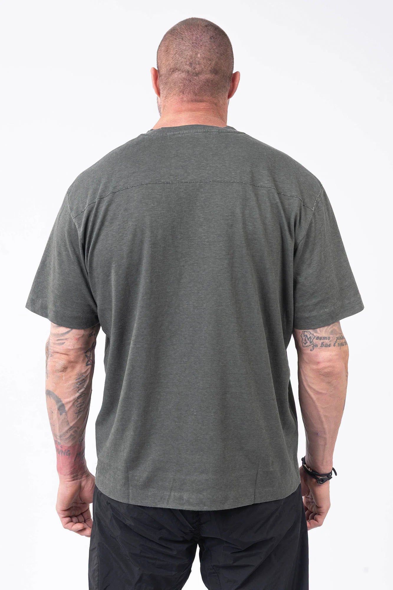 C.P. Company, Mens T-Shirt, Gunmetal 921, Grey, Gray, Short Sleeves, Ribbed Hems and Neck, Chest Logo Print, Organic Cotton, Garment Dyed, Chester Perry, Massimo Osti, Back Portrait. 