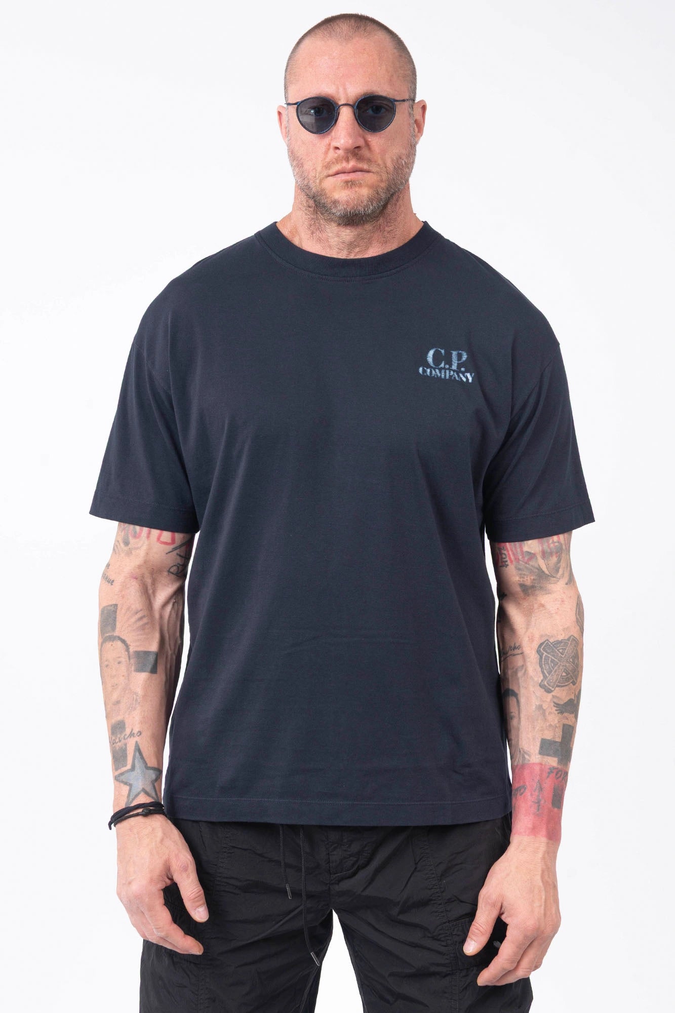 C.P. Company, Mens T-Shirt, Total Eclipse 888, Navy, Blue, Dark Blue, Chest and Back Print, X-Ray Color Print, Ribbed Hems and Neck, Crew Neck, Round Neck, Short Sleeves, Breathable, Chester Perry, Massimo Osti, Comfort Print Logo, Logo Print, Rigards Sunglasses, Front Portrait. 