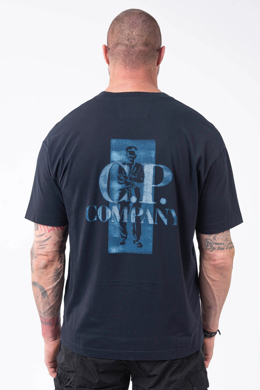 C.P. Company, Mens T-Shirt, Total Eclipse 888, Navy, Blue, Dark Blue, Chest and Back Print, X-Ray Color Print, Ribbed Hems and Neck, Crew Neck, Round Neck, Short Sleeves, Breathable, Chester Perry, Massimo Osti, Comfort Print Logo, Logo Print, Rigards Sunglasses, Back Portrait. 