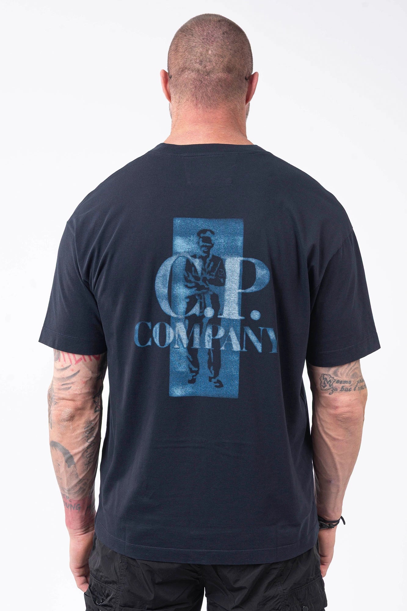 C.P. Company, Mens T-Shirt, Total Eclipse 888, Navy, Blue, Dark Blue, Chest and Back Print, X-Ray Color Print, Ribbed Hems and Neck, Crew Neck, Round Neck, Short Sleeves, Breathable, Chester Perry, Massimo Osti, Comfort Print Logo, Logo Print, Rigards Sunglasses, Back Portrait. 