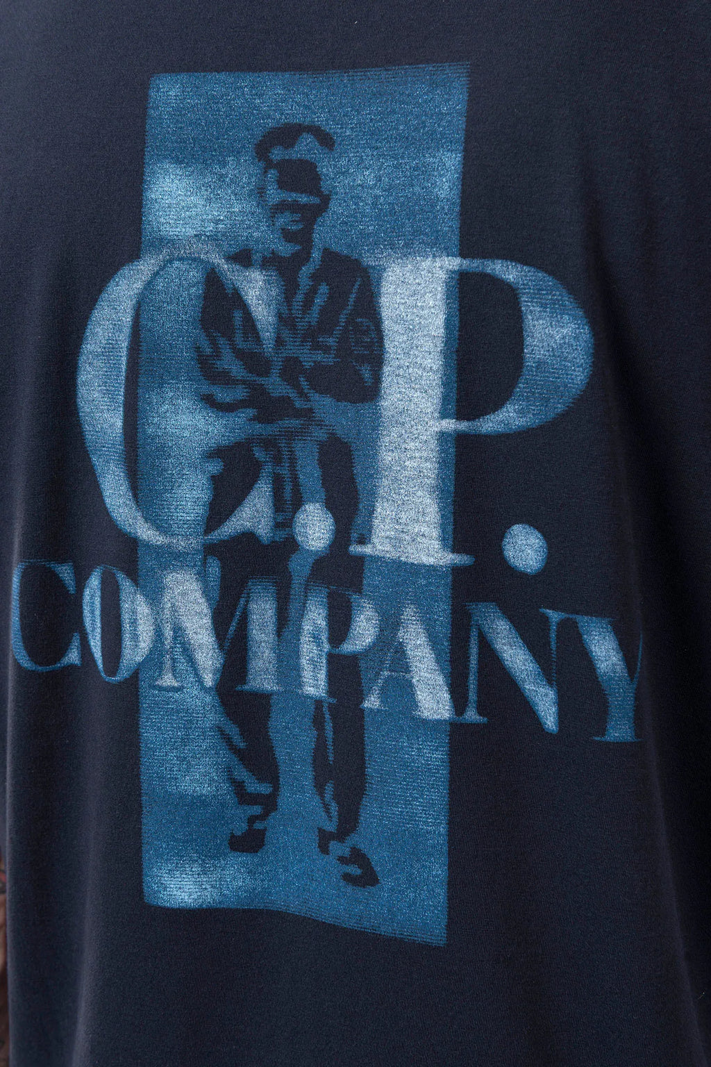 C.P. Company, Mens T-Shirt, Total Eclipse 888, Navy, Blue, Dark Blue, Chest and Back Print, X-Ray Color Print, Ribbed Hems and Neck, Crew Neck, Round Neck, Short Sleeves, Breathable, Chester Perry, Massimo Osti, Comfort Print Logo, Logo Print, Rigards Sunglasses, Back Print Close-up. 