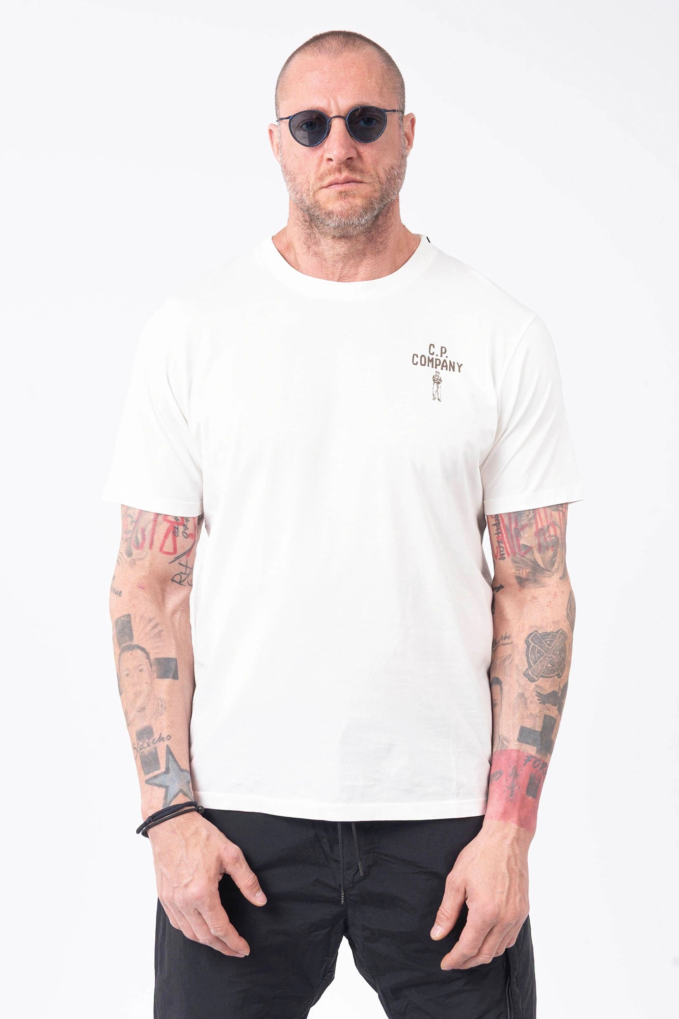 C.P. Company, Mens T-Shirt, White, Chest Print, Back Print, British Saylor, Short Sleeves, Rigards Sunglasses, Ribbed Hems and Neck, Cotton, Tattoos, Chester Perry, Massimo Osti, Front Portrait. 