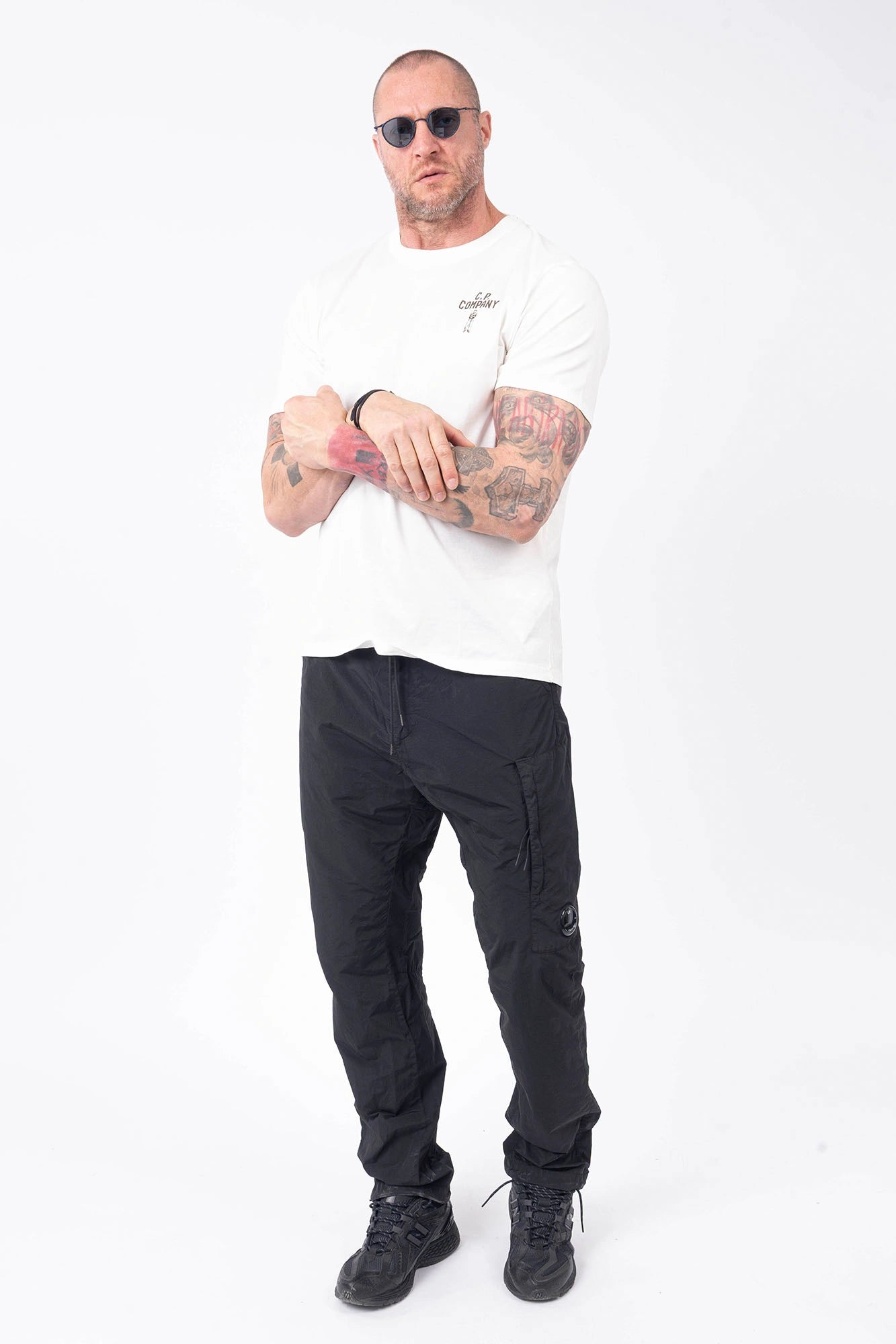 C.P. Company, Mens T-Shirt, White, Chest Print, Back Print, British Saylor, Short Sleeves, Rigards Sunglasses, Ribbed Hems and Neck, Cotton, Tattoos, Chester Perry, Massimo Osti, Full Body Front View. 