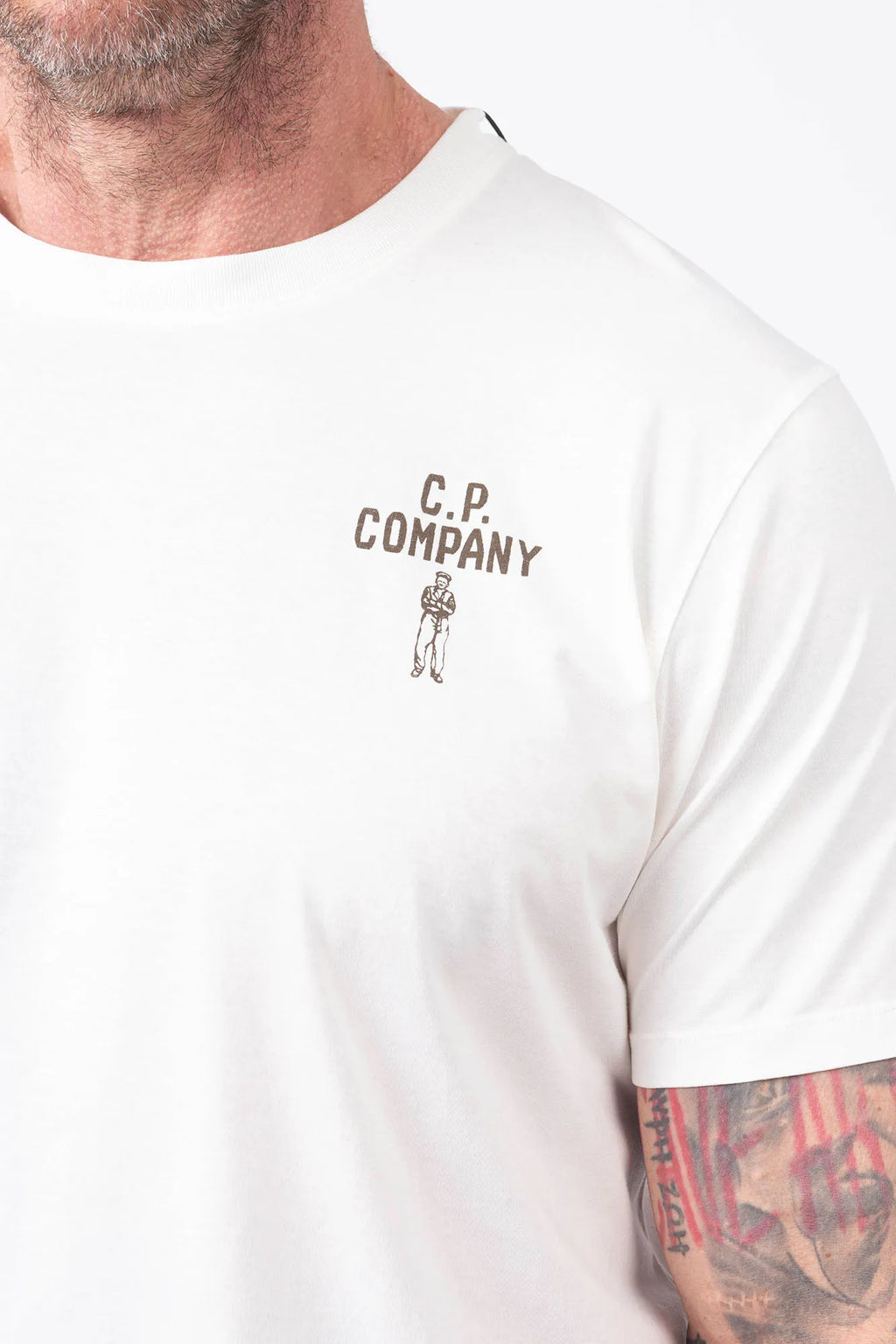C.P. Company, Mens T-Shirt, White, Chest Print, Back Print, British Saylor, Short Sleeves, Rigards Sunglasses, Ribbed Hems and Neck, Cotton, Tattoos, Chester Perry, Massimo Osti, Chest Print Close-up. 