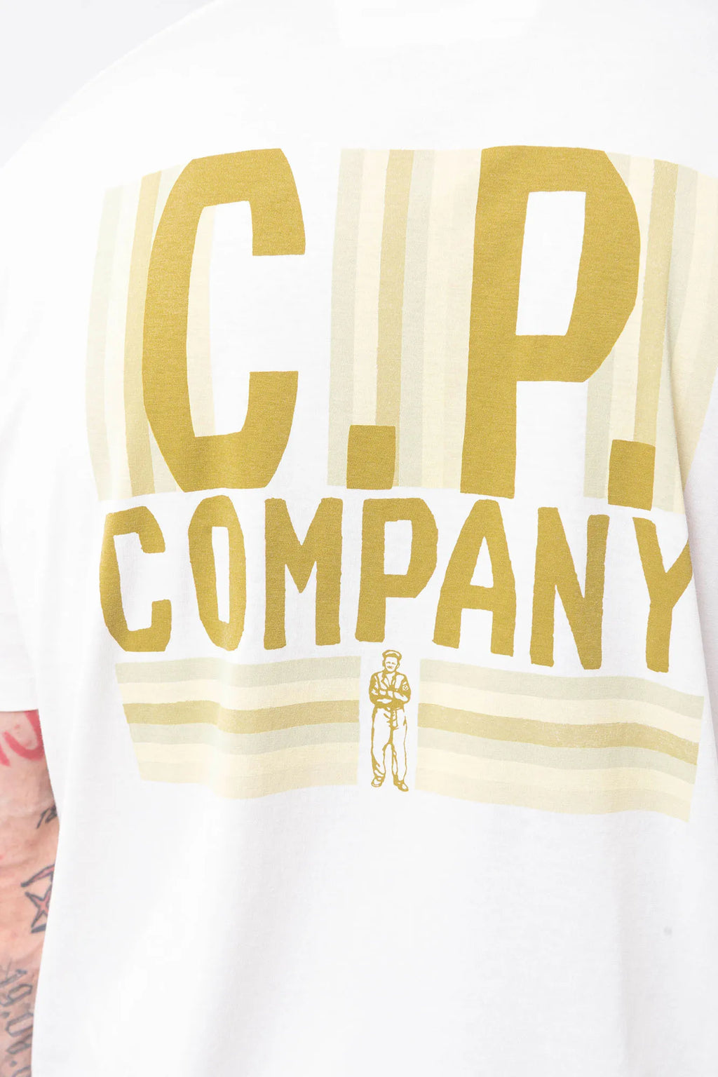 C.P. Company, Mens T-Shirt, White, Chest Print, Back Print, British Saylor, Short Sleeves, Rigards Sunglasses, Ribbed Hems and Neck, Cotton, Tattoos, Chester Perry, Massimo Osti, Back Print Close-up. 