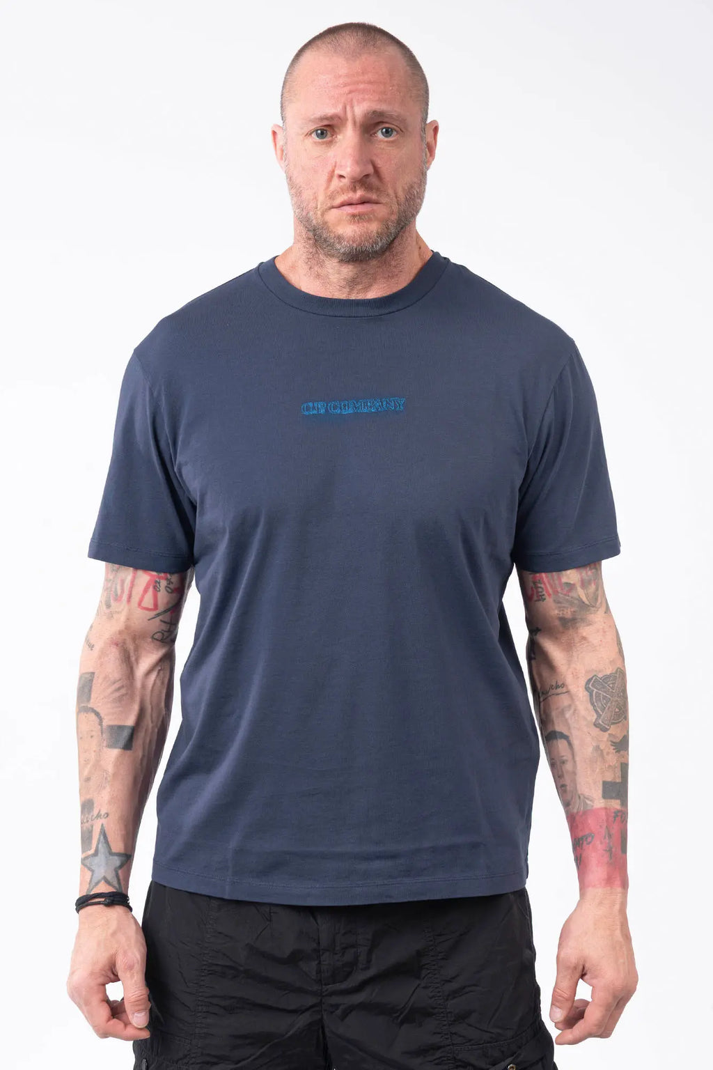 C.P. Company, Mens T-Shirt, Midnight Navy 889, Blue, Chester Perry, Massimo Osti Front and Back Embroidery, Hand Painted Details, Blue Print, CP Company, Short Sleeves, 100% Cotton, Crewneck, Ribbed Neckline, Front Portrait. 