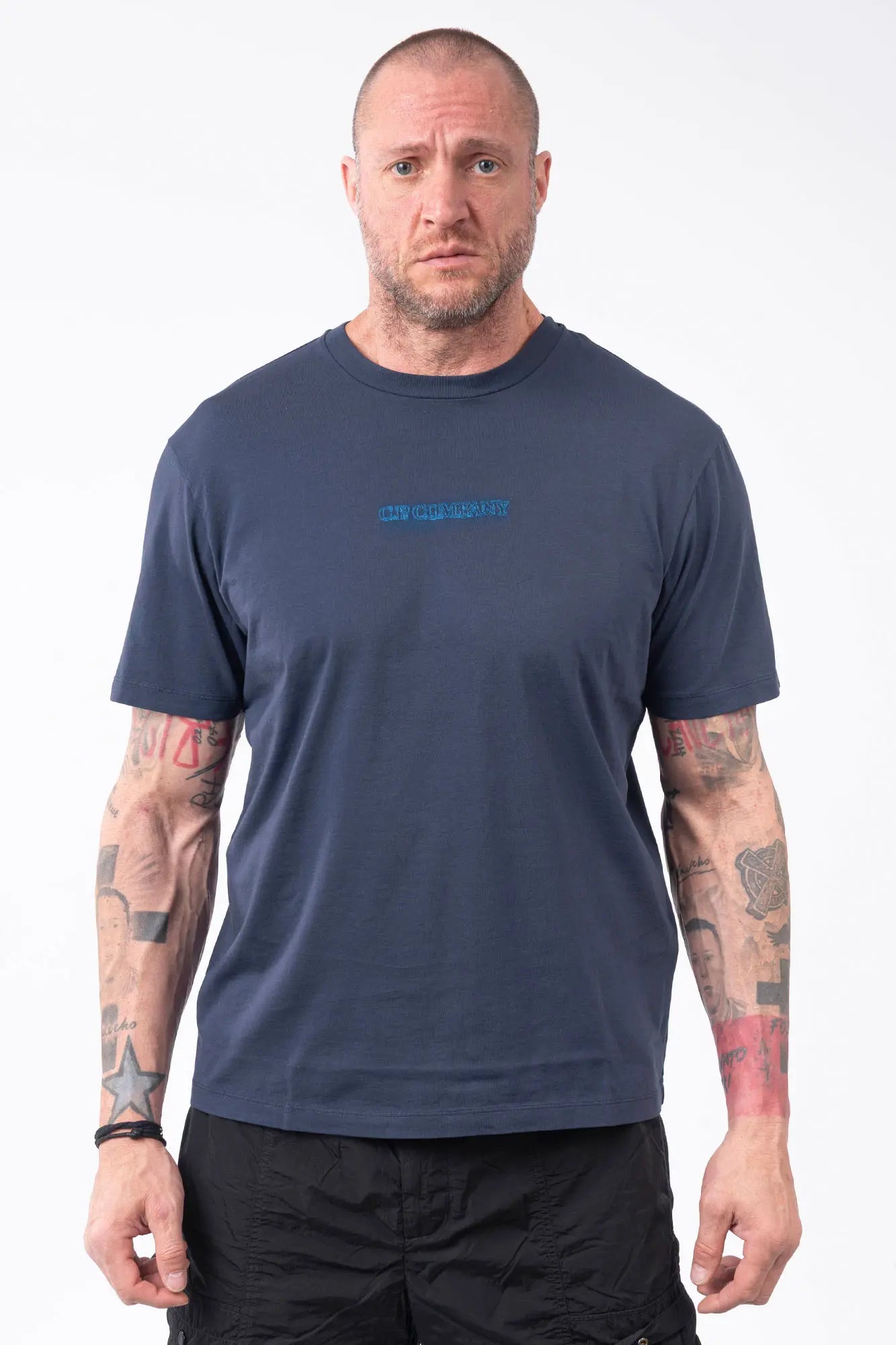 C.P. Company, Mens T-Shirt, Midnight Navy 889, Blue, Chester Perry, Massimo Osti Front and Back Embroidery, Hand Painted Details, Blue Print, CP Company, Short Sleeves, 100% Cotton, Crewneck, Ribbed Neckline, Front Portrait. 