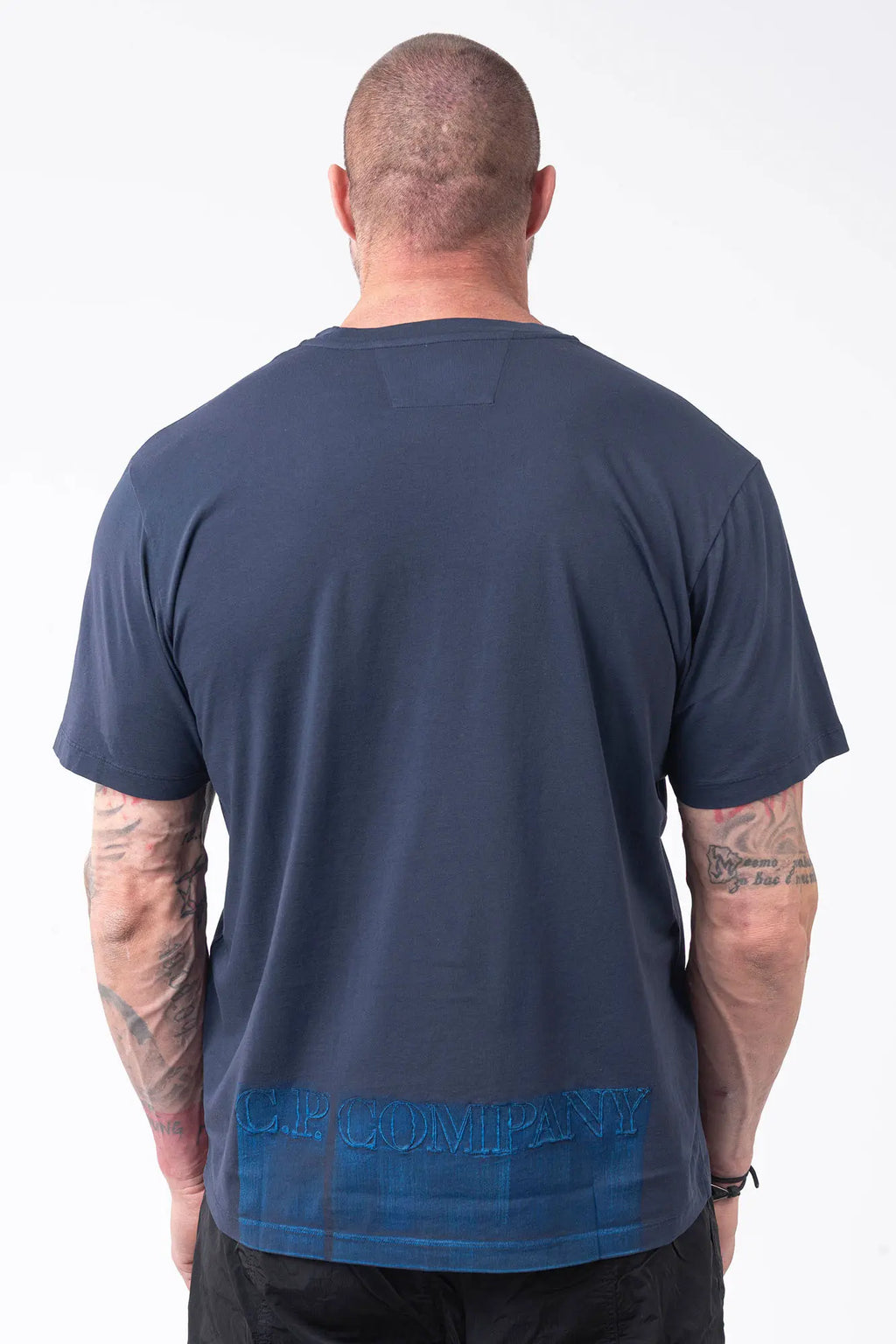 C.P. Company, Mens T-Shirt, Midnight Navy 889, Blue, Chester Perry, Massimo Osti Front and Back Embroidery, Hand Painted Details, Blue Print, CP Company, Short Sleeves, 100% Cotton, Crewneck, Ribbed Neckline, Back Portrait. 