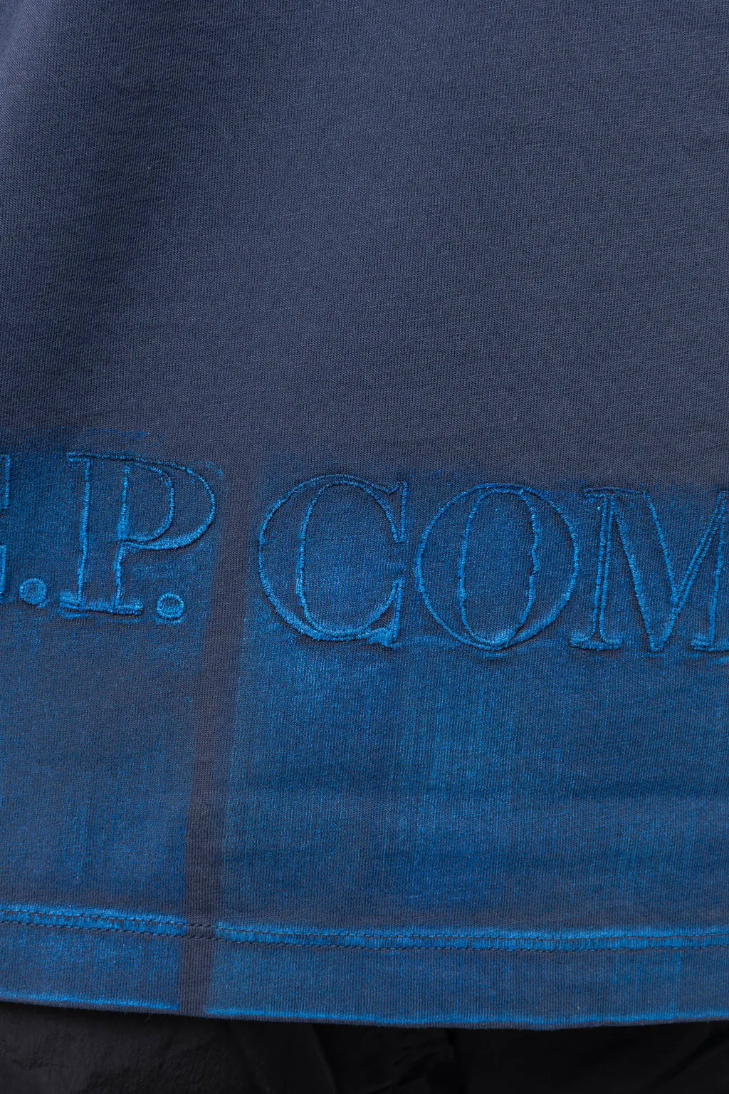 C.P. Company, Mens T-Shirt, Midnight Navy 889, Blue, Chester Perry, Massimo Osti Front and Back Embroidery, Hand Painted Details, Blue Print, CP Company, Short Sleeves, 100% Cotton, Crewneck, Ribbed Neckline, Back Embroidery Close-up. 