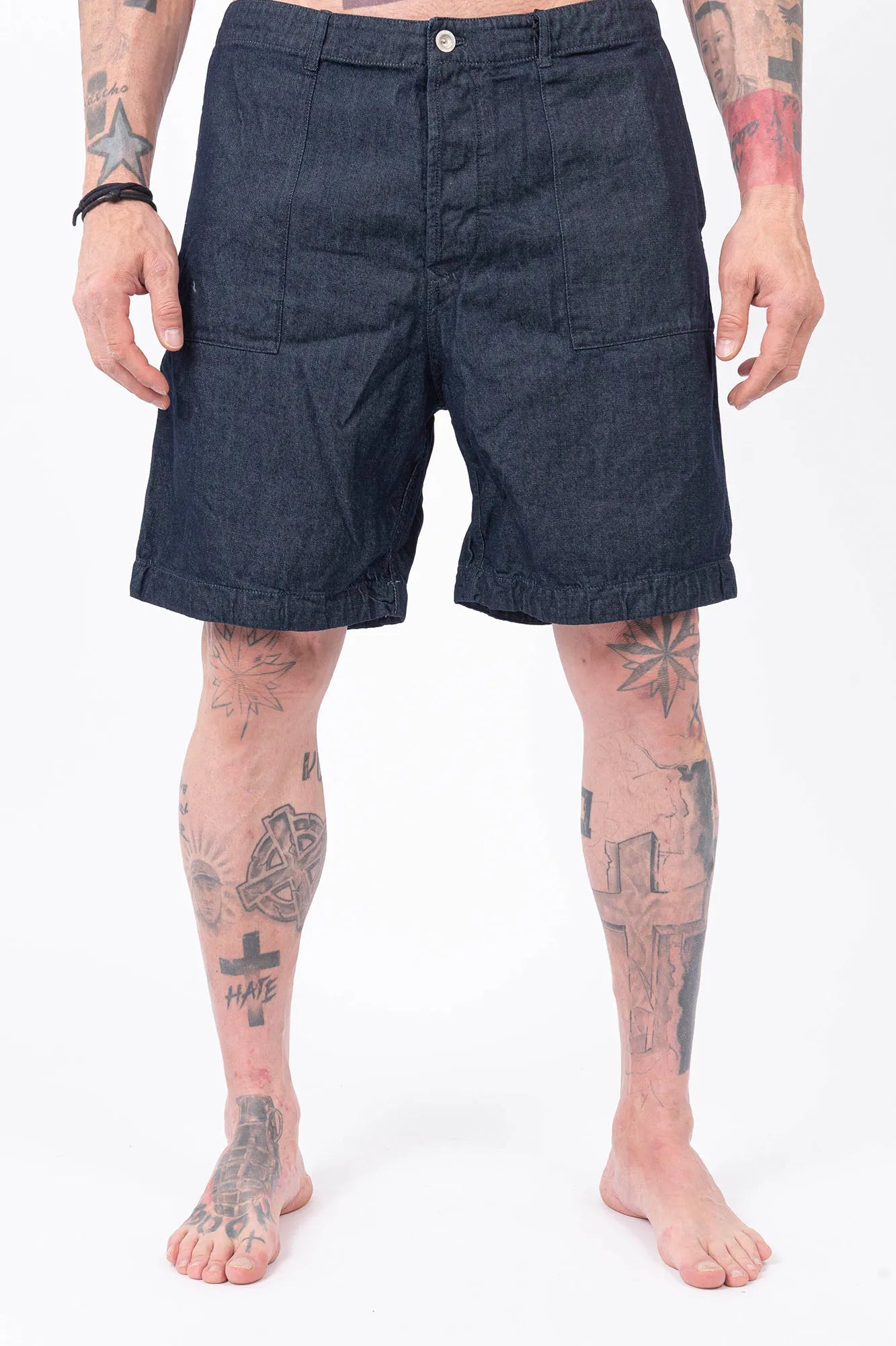 C.P. Company, Mens Denim Shorts, Denim Blue, Washed, Treated, WASHED 40° D08, Side Pockets, Back Pockets, Logo Patches, Belt Loops, Button Closure, Cotton, Polyester, Front Portrait. 