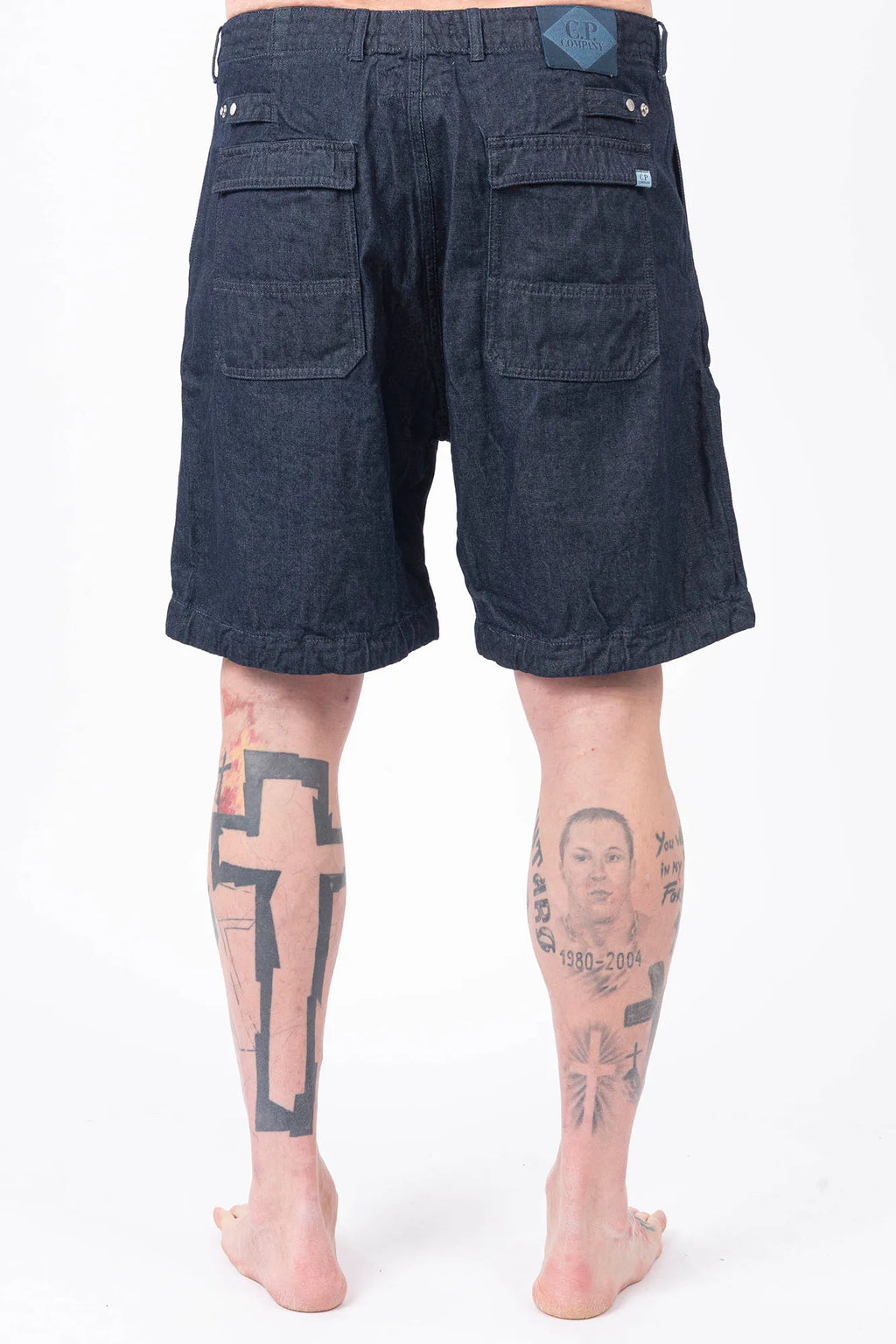 C.P. Company, Mens Denim Shorts, Denim Blue, Washed, Treated, WASHED 40° D08, Side Pockets, Back Pockets, Logo Patches, Belt Loops, Button Closure, Cotton, Polyester, Back Portrait. 