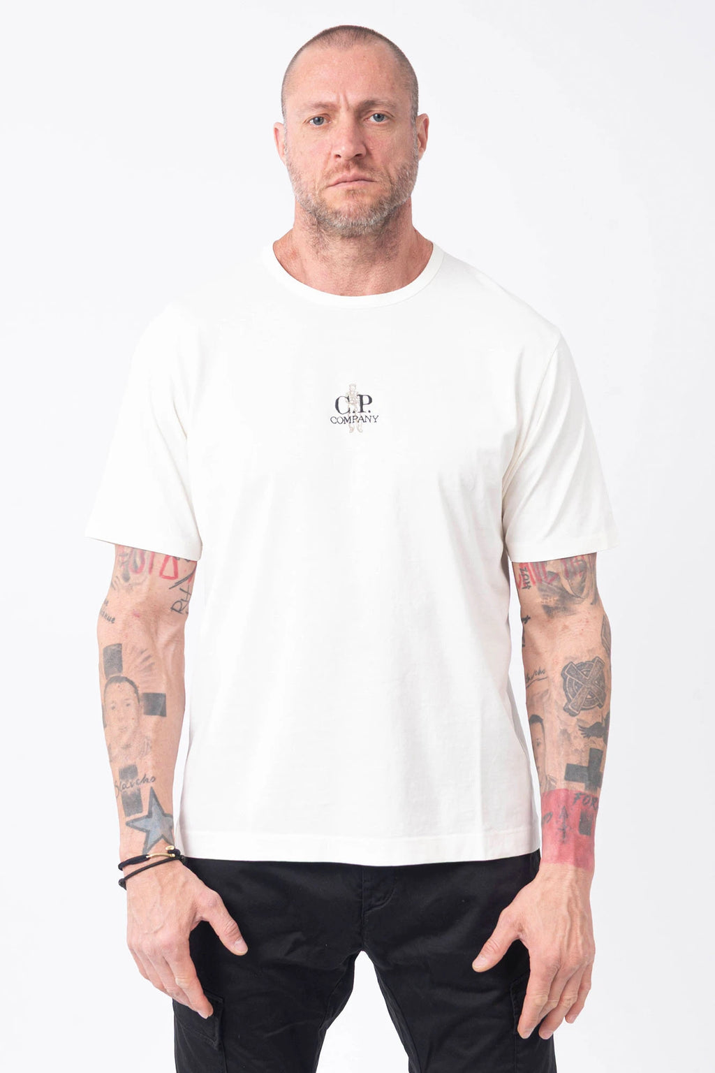 C.P. Company, Mens T-Shirt, Gauze White 103, Massimo Osti, Logo Embroidery, British Sailor, Back Embroidery, Grey Stitching, Short Sleeves, 100% Organic Cotton, Ribbed Hem and Neck, Standard Fit, Front Portrait. 