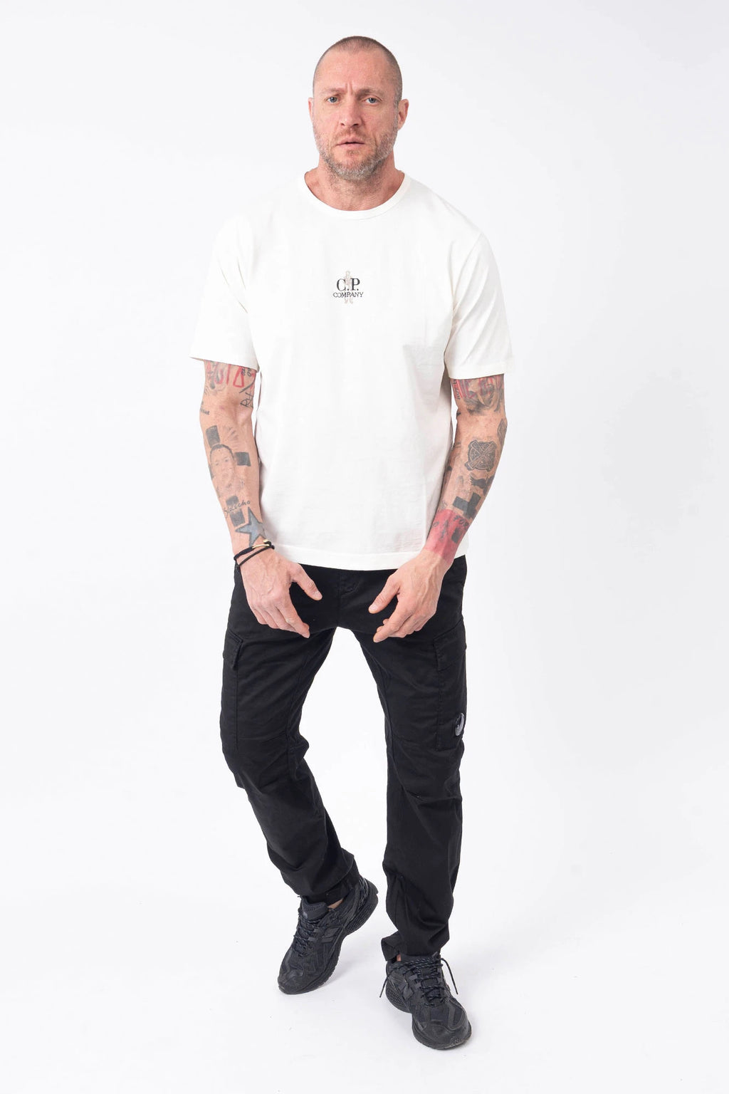 C.P. Company, Mens T-Shirt, Gauze White 103, Massimo Osti, Logo Embroidery, British Sailor, Back Embroidery, Grey Stitching, Short Sleeves, 100% Organic Cotton, Ribbed Hem and Neck, Standard Fit, Full Body Front View. 