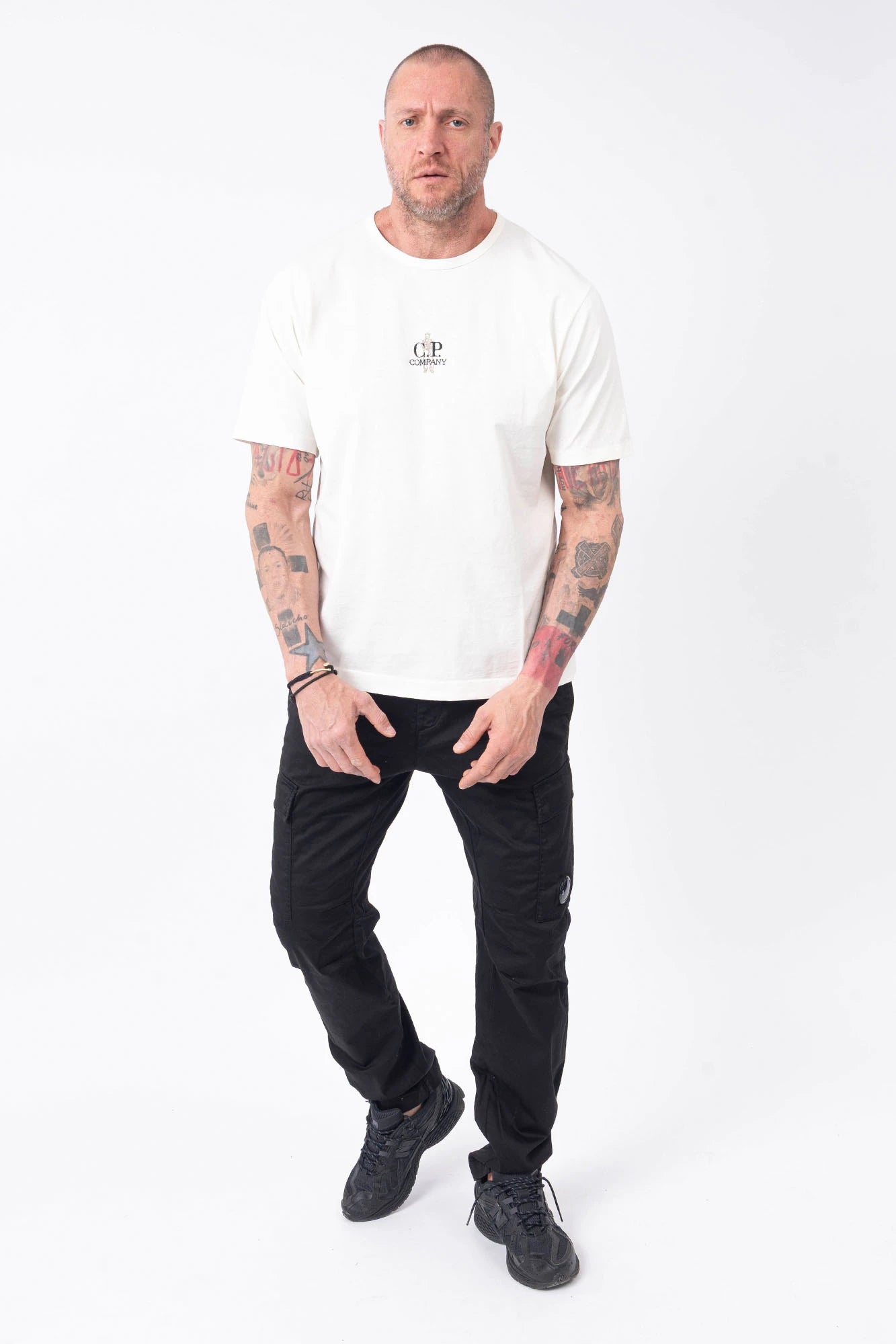 C.P. Company, Mens T-Shirt, Gauze White 103, Massimo Osti, Logo Embroidery, British Sailor, Back Embroidery, Grey Stitching, Short Sleeves, 100% Organic Cotton, Ribbed Hem and Neck, Standard Fit, Full Body Front View. 