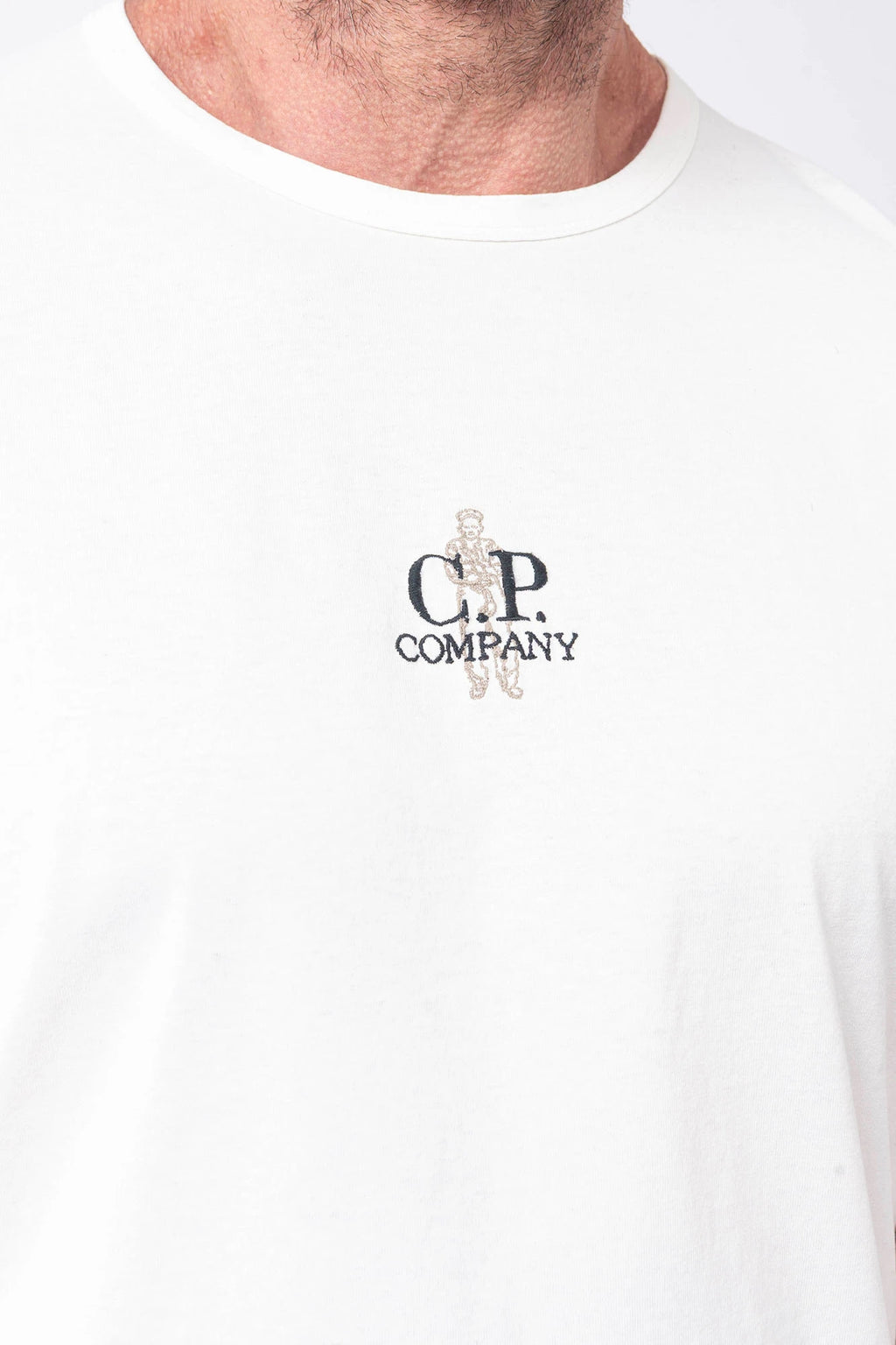 C.P. Company, Mens T-Shirt, Gauze White 103, Massimo Osti, Logo Embroidery, British Sailor, Back Embroidery, Grey Stitching, Short Sleeves, 100% Organic Cotton, Ribbed Hem and Neck, Standard Fit, Chest Embroidery Close-up. 