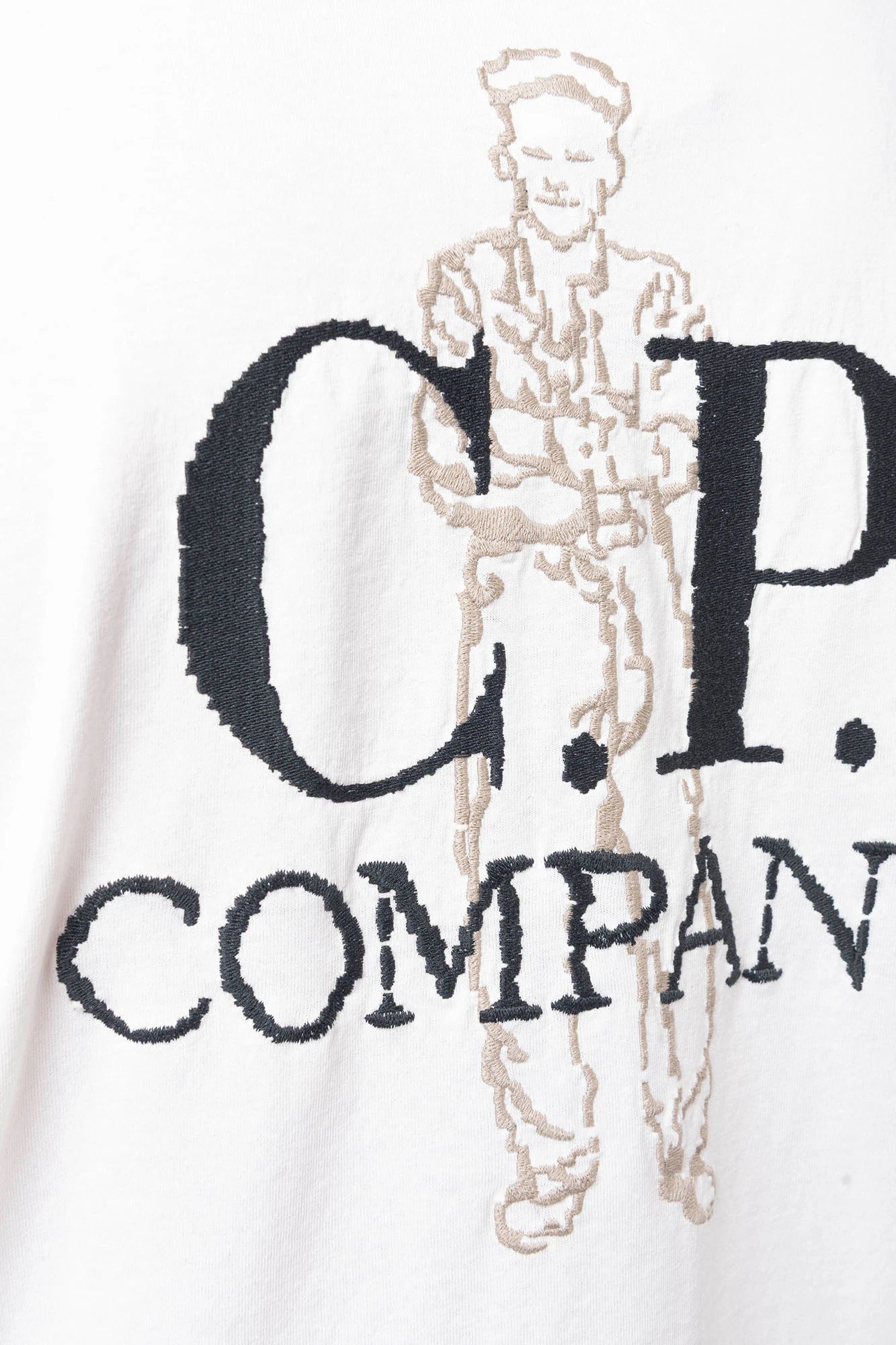 C.P. Company, Mens T-Shirt, Gauze White 103, Massimo Osti, Logo Embroidery, British Sailor, Back Embroidery, Grey Stitching, Short Sleeves, 100% Organic Cotton, Ribbed Hem and Neck, Standard Fit, Back Embroidery Close-up. 