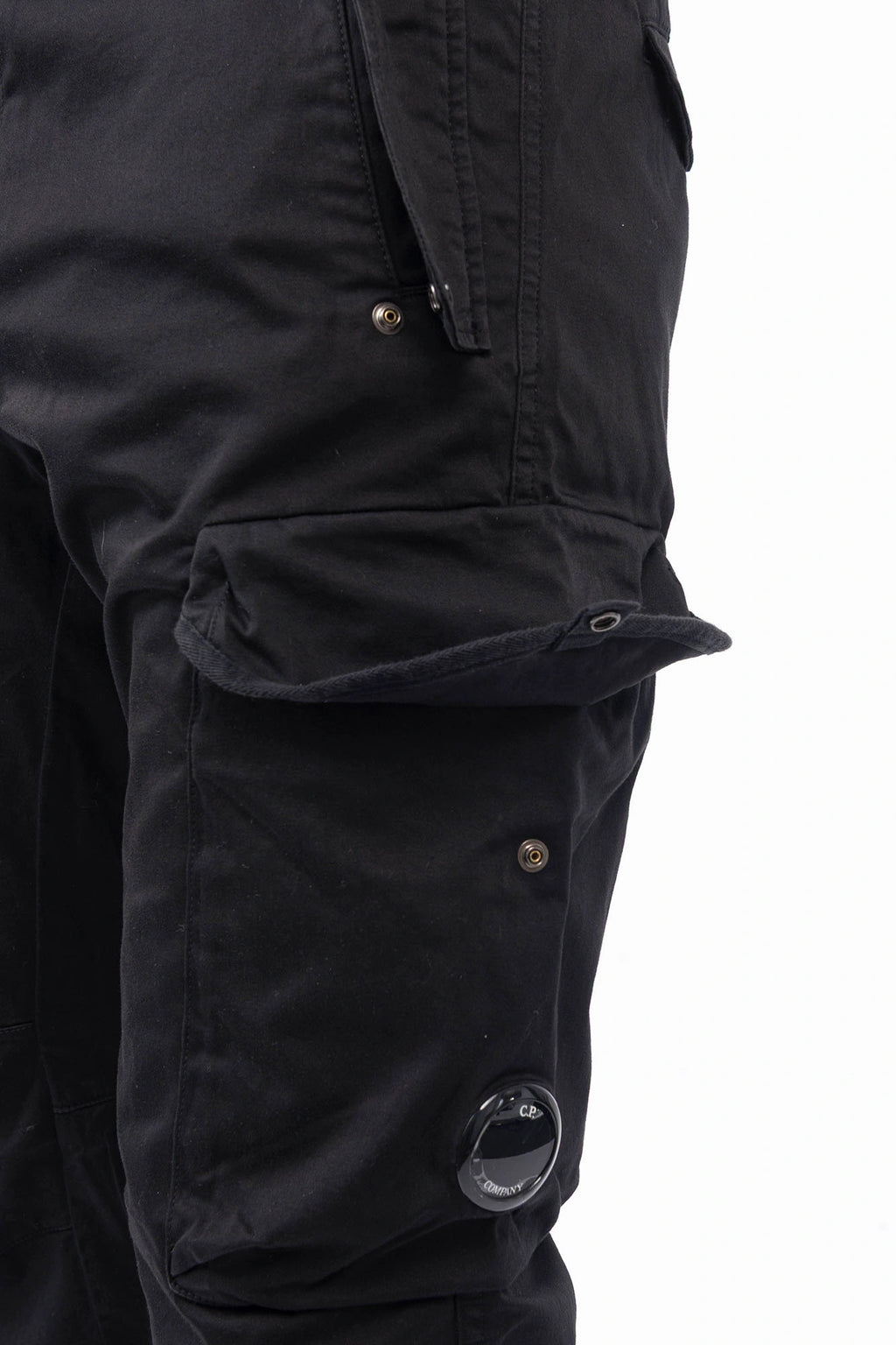 C.P. Company, Mens Cargo Pants, Black 999, Stretch Cotton Satin, Elastic, Cargo Pockets, Side Pockets, Belt Loops, Button Closure, Zip-Fly, Lens Pocket Detail, Massimo Osti, Chester Perry, British Saylor, Snap Closure Pocket Showcase. 