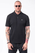 C.P. Company, Mens Polo Shirt, Black 999, Collar, Button Closure, Short Sleeves, Ribbed Hems, Stretch Cotton Pique, Chest Embroidery, Chester Perry, Massimo Osti, British Saylor, Rigards Sunglasses, Front Portrait. 