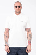 C.P. Company, Mens Polo Shirt, Gauze White 103, Collar, Button Closure, Short Sleeves, Ribbed Hems, Stretch Cotton Pique, Chest Embroidery, Chester Perry, Massimo Osti, British Saylor, Rigards Sunglasses, Front Portrait. 