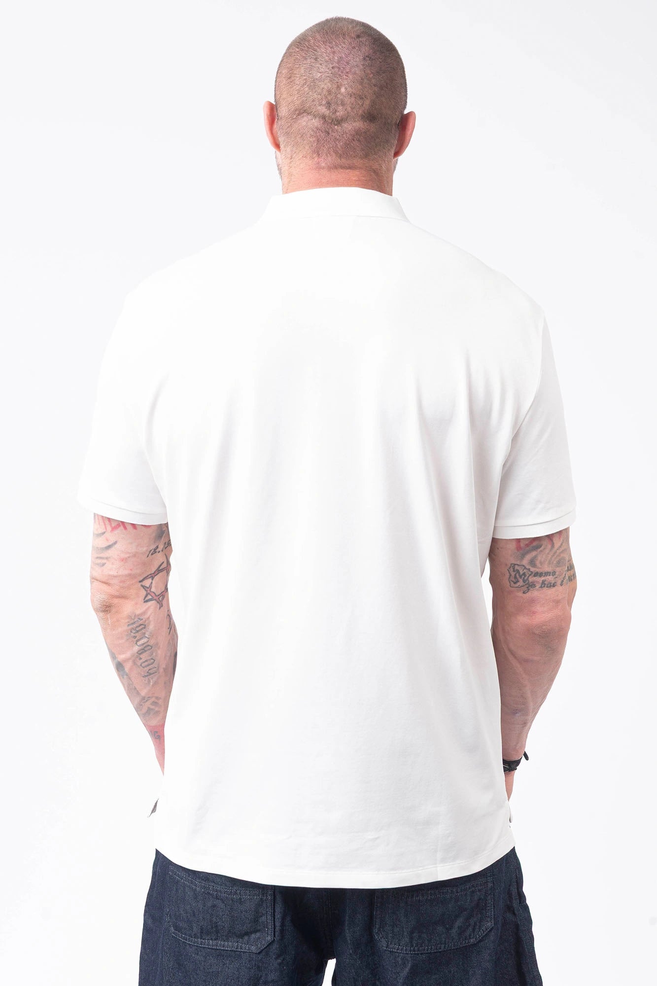 C.P. Company, Mens Polo Shirt, Gauze White 103, Collar, Button Closure, Short Sleeves, Ribbed Hems, Stretch Cotton Pique, Chest Embroidery, Chester Perry, Massimo Osti, British Saylor, Rigards Sunglasses, Back Portrait. 