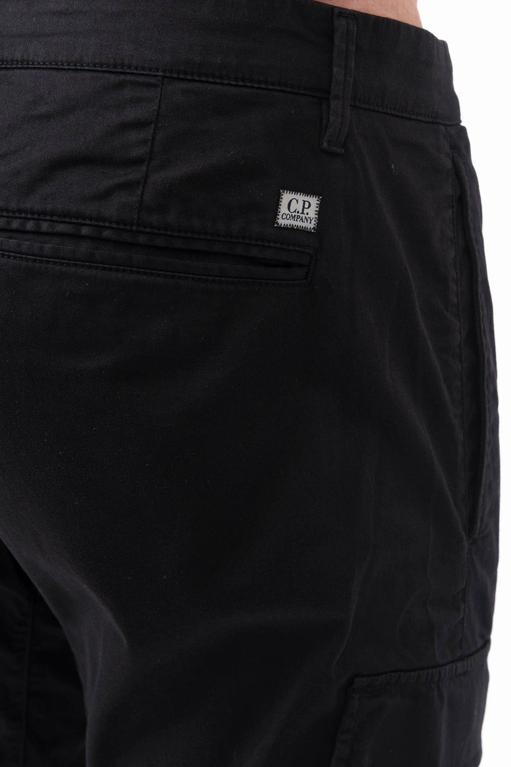 C.P. Company, Mens Pants, Black 999, Side Pockets, Cargo Flap Pockets, Lens Pocket Detail, Belt Loops, Button Closure, Zip-fly, Back Pockets, Stretch Cotton Sateen, Massimo Osti, Chester Perry, British Saylor, Back Pocket Close-up. 