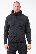 C.P. Company, Mens Jacket, Black 999, Stretch Nylon, Shell-R, Nycra-R, Hooded, Water-Resistant, Wind-Resistant, Windproof, Waterproof, Full-Zip, Centre Zip Closure, Bellow Pockets, Side Pockets, Sleeve Pocket, Massimo Osti, Chester Perry, Front Portrait. 
