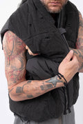 Hamcus, Mens Vest, Matte Black, Multi-Fabric Blend, Panel Construction, Patchwork Design, Heavy-Duty Vislon Zipper, Worn Appearance, Functional Pockets, Hidden Pockets, Breathable, Back LP World Print, Front Worn-Look Close-up Showcase. 