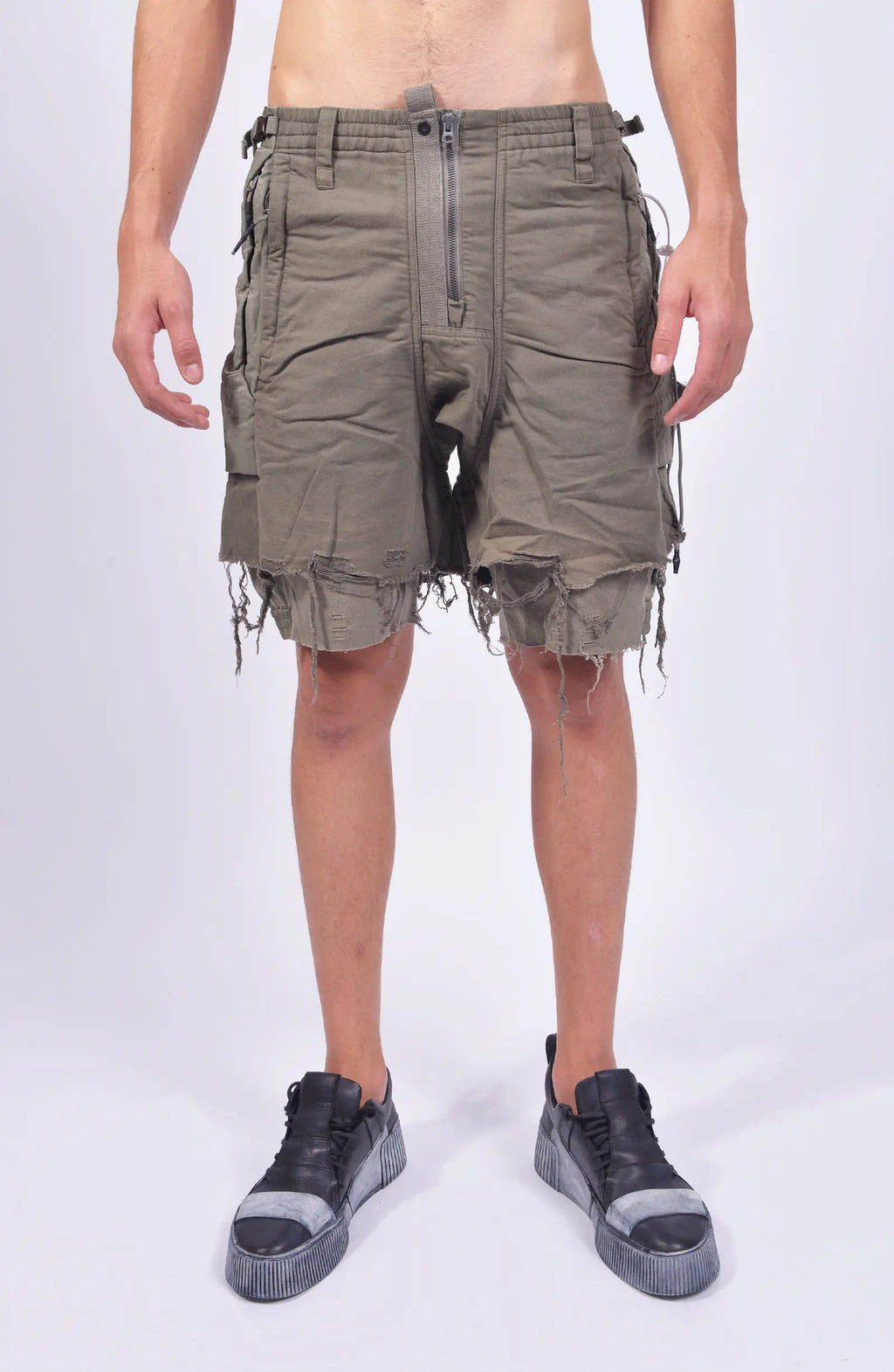 Hamcus, Mens Shorts, Beige, Agate Grey, Olive Green, Zip-Fly, Multiple Pockets, Cargo, Back Pockets, Belt Loops, Elastic Waistband, Raw Details, Short Pants, Unisex, Front View. 