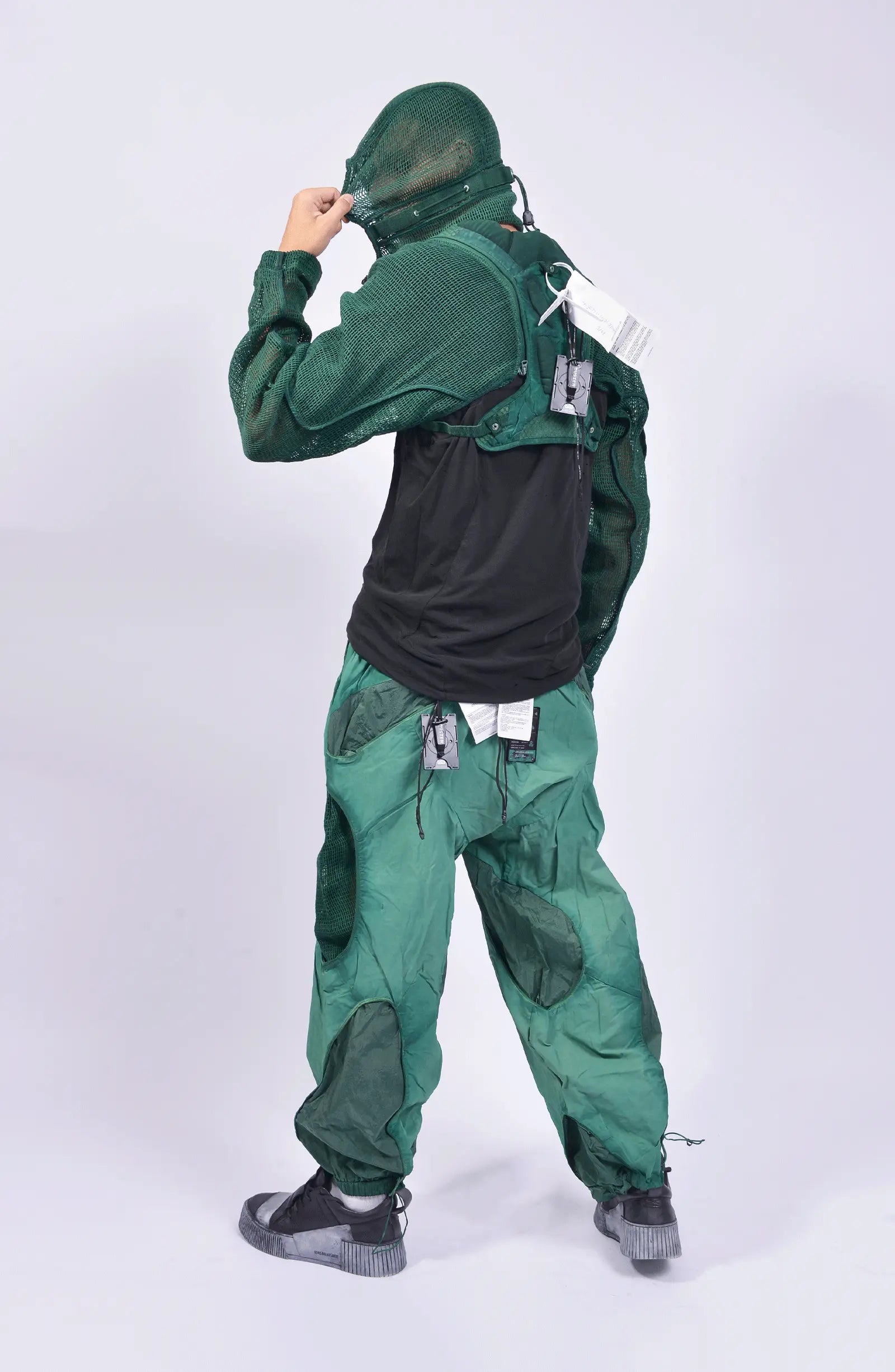 Hamcus, Mens Pants, Green, Garment Dyed, Multi Fabric Panel Construction, Elasticated Waistband, Cord Adjustable, Buckles, Side Mesh Panels, Elasticated Cuffs, Adjustable Cuffs, Long Sleeves, Ventilated, Side Pockets, Zippers, Zip-Fly, Full Body Back 3/4 View. 