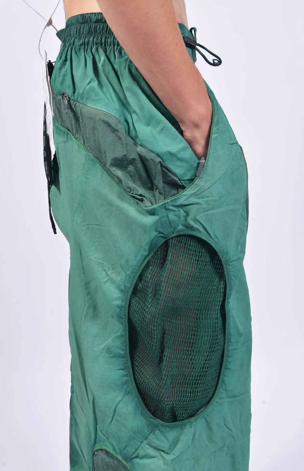 Hamcus, Mens Pants, Green, Garment Dyed, Multi Fabric Panel Construction, Elasticated Waistband, Cord Adjustable, Buckles, Side Mesh Panels, Elasticated Cuffs, Adjustable Cuffs, Long Sleeves, Ventilated, Side Pockets, Zippers, Zip-Fly, Side Mesh Ventilation. 