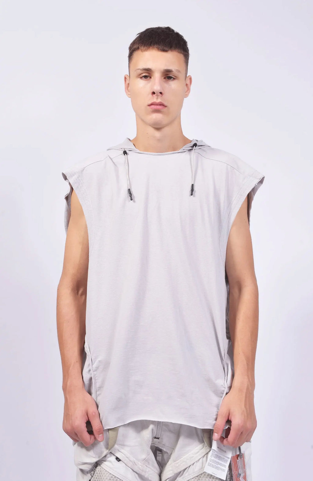 Hamcus, Mens Tank Top, Fiend Grey, Off-White, White, Drawcord Adjustable Hood, Parachute Cord, Sleeveless, Panel Construction, Back Breathability Mesh Design, Dropped Shoulders, Front Portrait. 