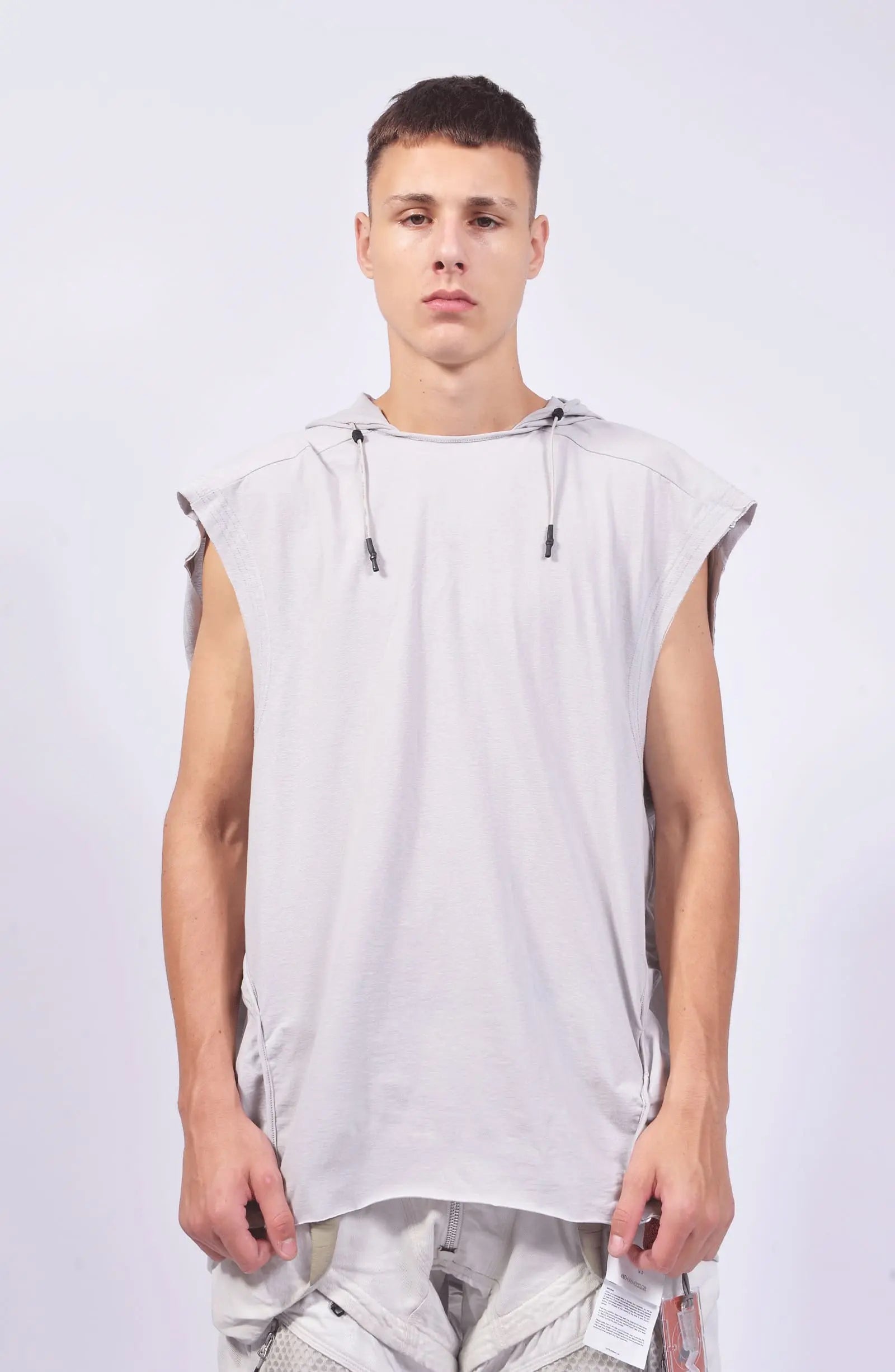 Hamcus, Mens Tank Top, Fiend Grey, Off-White, White, Drawcord Adjustable Hood, Parachute Cord, Sleeveless, Panel Construction, Back Breathability Mesh Design, Dropped Shoulders, Front Portrait. 