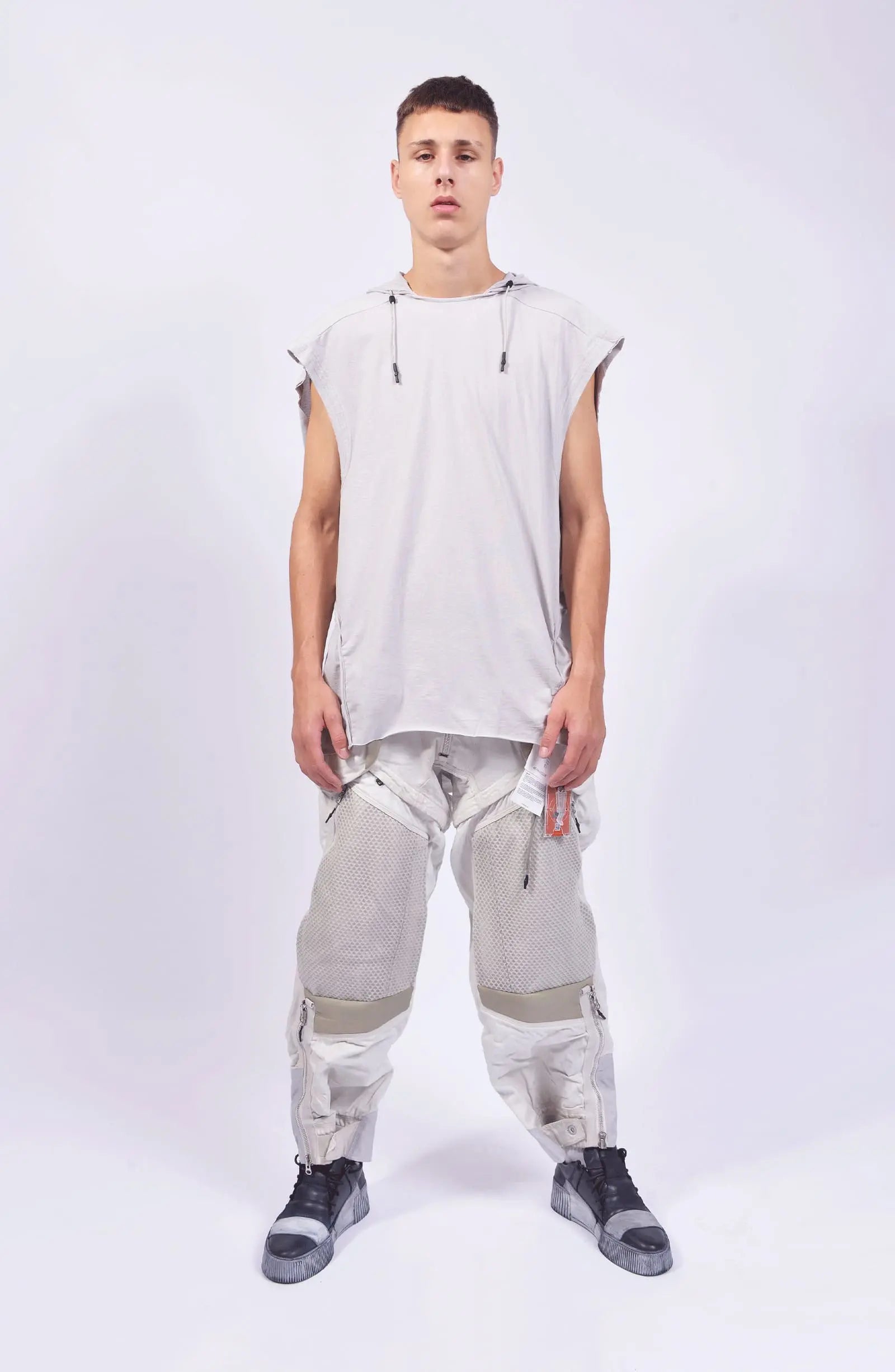 Hamcus, Mens Tank Top, Fiend Grey, Off-White, White, Drawcord Adjustable Hood, Parachute Cord, Sleeveless, Panel Construction, Back Breathability Mesh Design, Dropped Shoulders, Full Body Front View. 