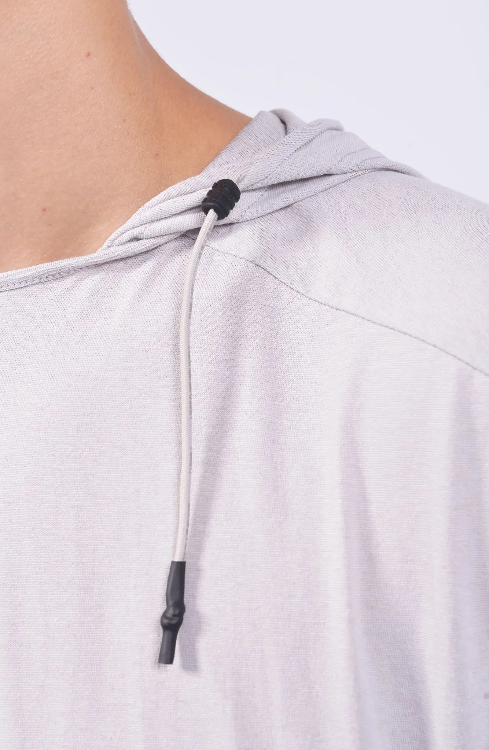 Hamcus, Mens Tank Top, Fiend Grey, Off-White, White, Drawcord Adjustable Hood, Parachute Cord, Sleeveless, Panel Construction, Back Breathability Mesh Design, Dropped Shoulders, Cord Ending Close-up. 