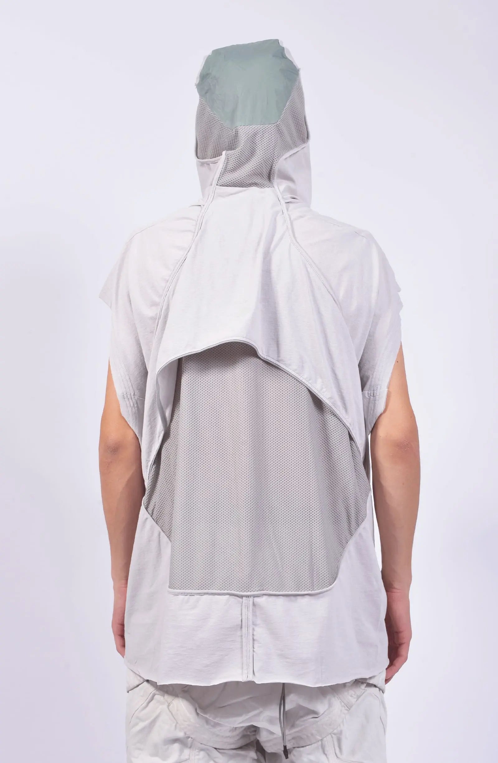 Hamcus, Mens Tank Top, Fiend Grey, Off-White, White, Drawcord Adjustable Hood, Parachute Cord, Sleeveless, Panel Construction, Back Breathability Mesh Design, Dropped Shoulders, Back Portrait Hooded. 