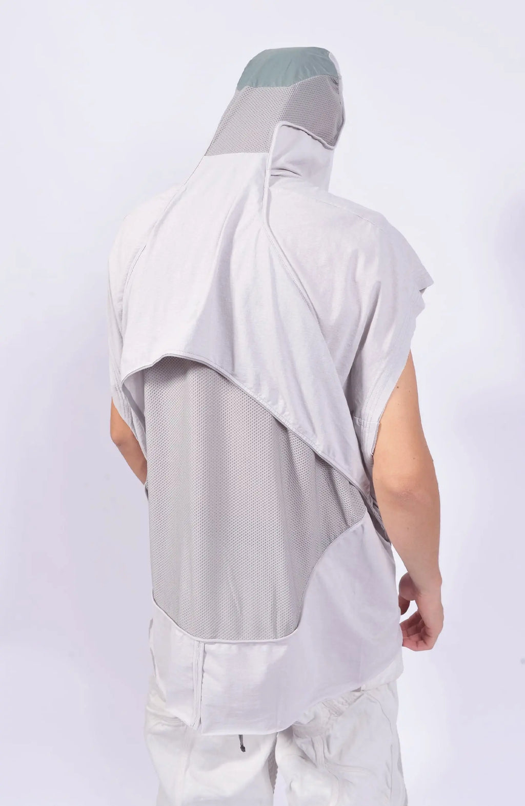 Hamcus, Mens Tank Top, Fiend Grey, Off-White, White, Drawcord Adjustable Hood, Parachute Cord, Sleeveless, Panel Construction, Back Breathability Mesh Design, Dropped Shoulders, Back 3/4 View. 