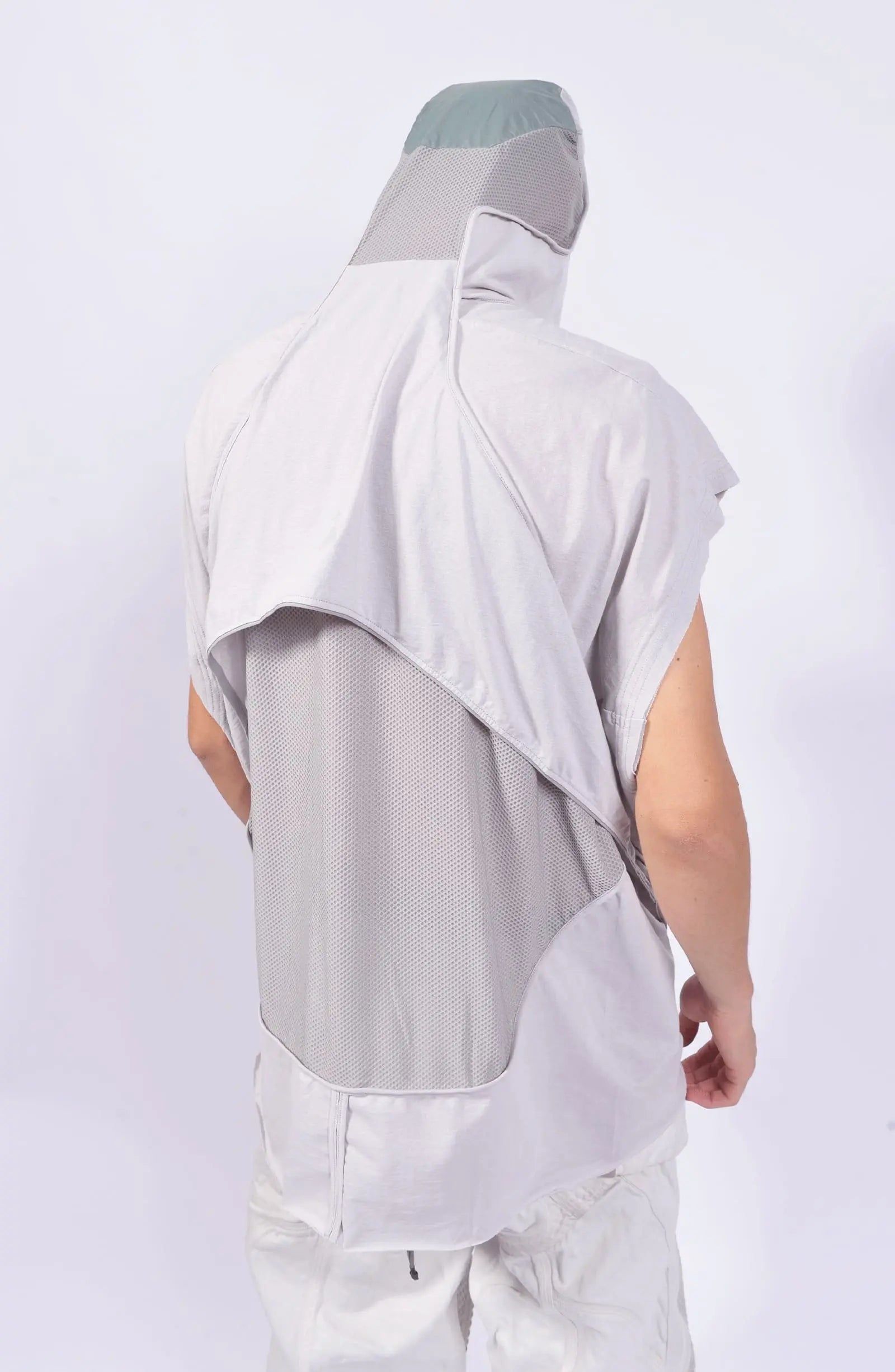 Hamcus, Mens Tank Top, Fiend Grey, Off-White, White, Drawcord Adjustable Hood, Parachute Cord, Sleeveless, Panel Construction, Back Breathability Mesh Design, Dropped Shoulders, Back 3/4 View. 