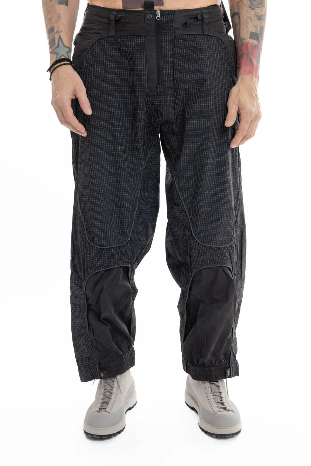 Hamcus, Mens Trousers, Black, Elastic Panels, Mesh Panels, Elastic, Drawcord Waist, Adjustable Cuffs, Side Zip Pockets, Zip Fly, Belt Loops, Snap Closure, Wide Fit, Straight Legs, Elastic Cuffs, Front Portrait. 