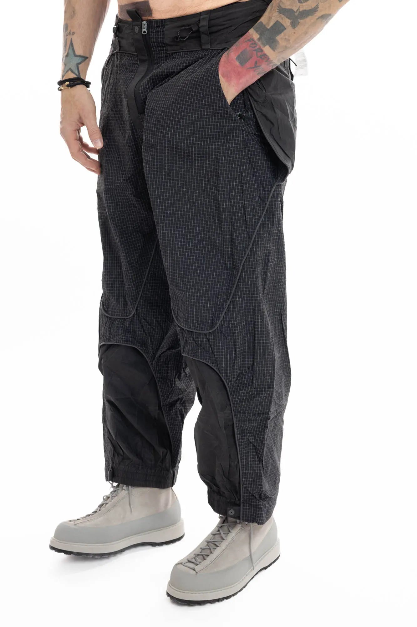 Hamcus, Mens Trousers, Black, Elastic Panels, Zipper Ventilation Openings, Mesh Panels, Elastic, Drawcord Waist, Adjustable Cuffs, Side Zip Pockets, Zip Fly, Belt Loops, Snap Closure, Wide Fit, Straight Legs, Elastic Cuffs, Front 3/4 View. 