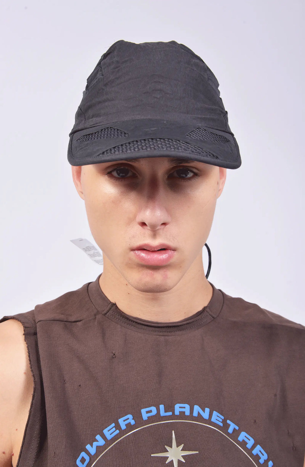 Hamcus, Mens Cap, Black, Grey, Mesh, Breathability Holes, Laser Cut, Fidlock Adjustment Buckle, Ventilated, Breathable, Front View On-Model Shot. 
