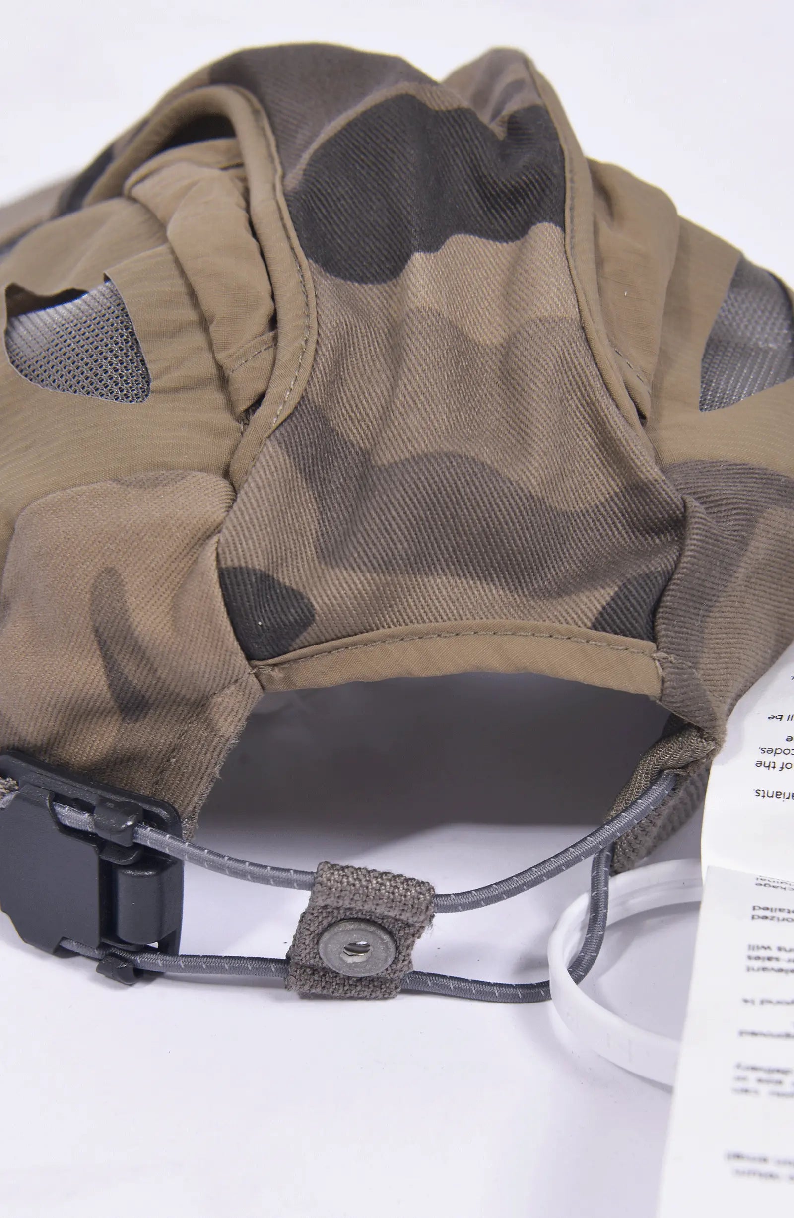 Hamcus, Mens Cap, Camo, Brown, Beige, Mesh, Breathability Holes, Laser Cut, Fidlock Adjustment Buckle, Ventilated, Breathable, Buckle Close-up. 