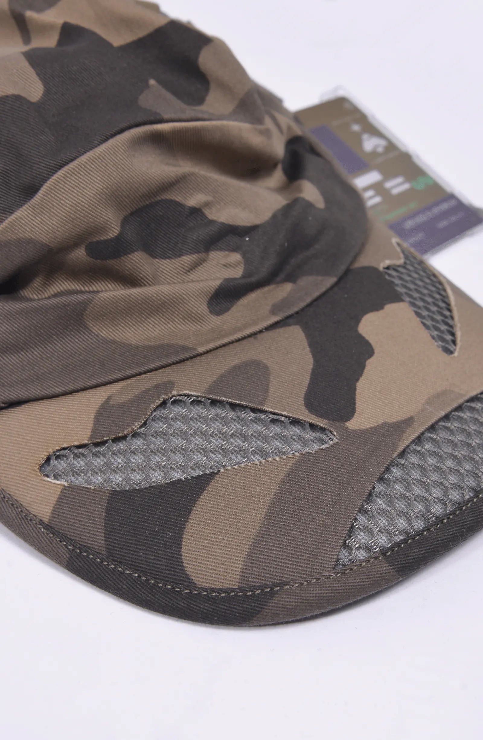 Hamcus, Mens Cap, Camo, Brown, Beige, Mesh, Breathability Holes, Laser Cut, Fidlock Adjustment Buckle, Ventilated, Breathable, Front 3/4 View. 