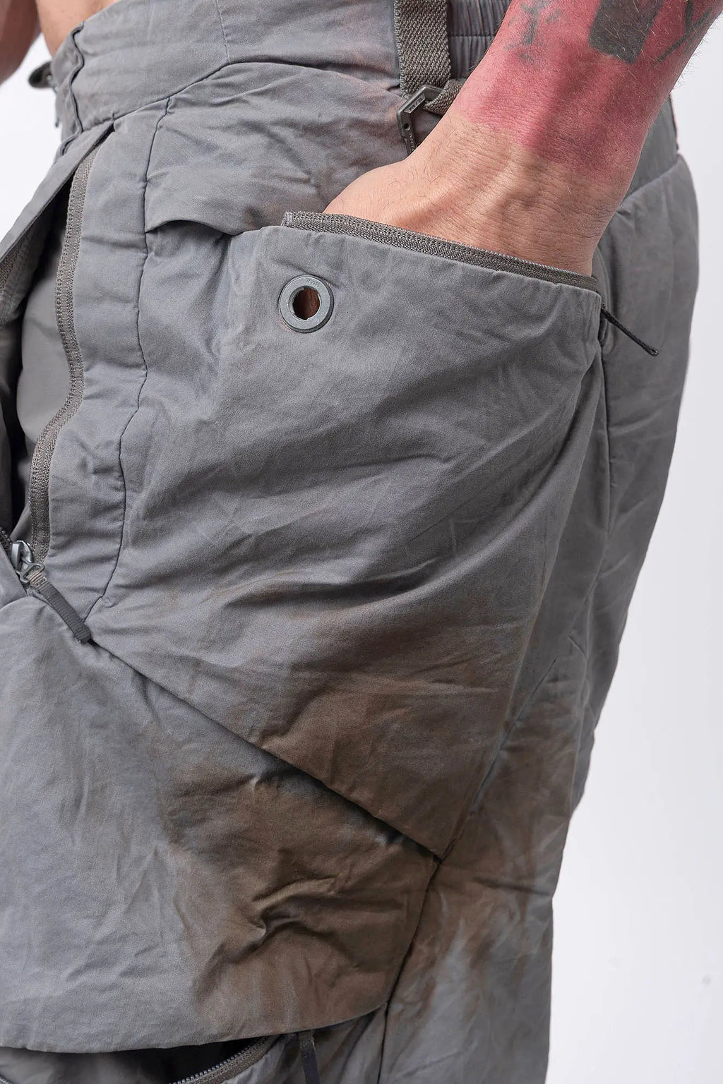Hamcus, Mens Pants, Washed Grey/Brown, Modular Construction, Convertible Design, Detachable Legs, Ventilation Zippers, Articulated Knees, Large Pockets, Functional Pockets, Belt Loops, Zip-Fly, Back and Side Pockets, Adjustable Cuffs, Elasticated Cuffs, Zip Pockets, Hand in Pocket Side Shot. 