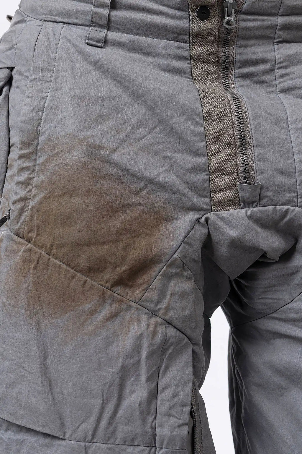 Hamcus, Mens Pants, Washed Grey/Brown, Modular Construction, Convertible Design, Detachable Legs, Ventilation Zippers, Articulated Knees, Large Pockets, Functional Pockets, Belt Loops, Zip-Fly, Back and Side Pockets, Adjustable Cuffs, Elasticated Cuffs, Zip Pockets, Tie-Dye Effect Close-up inspection. 