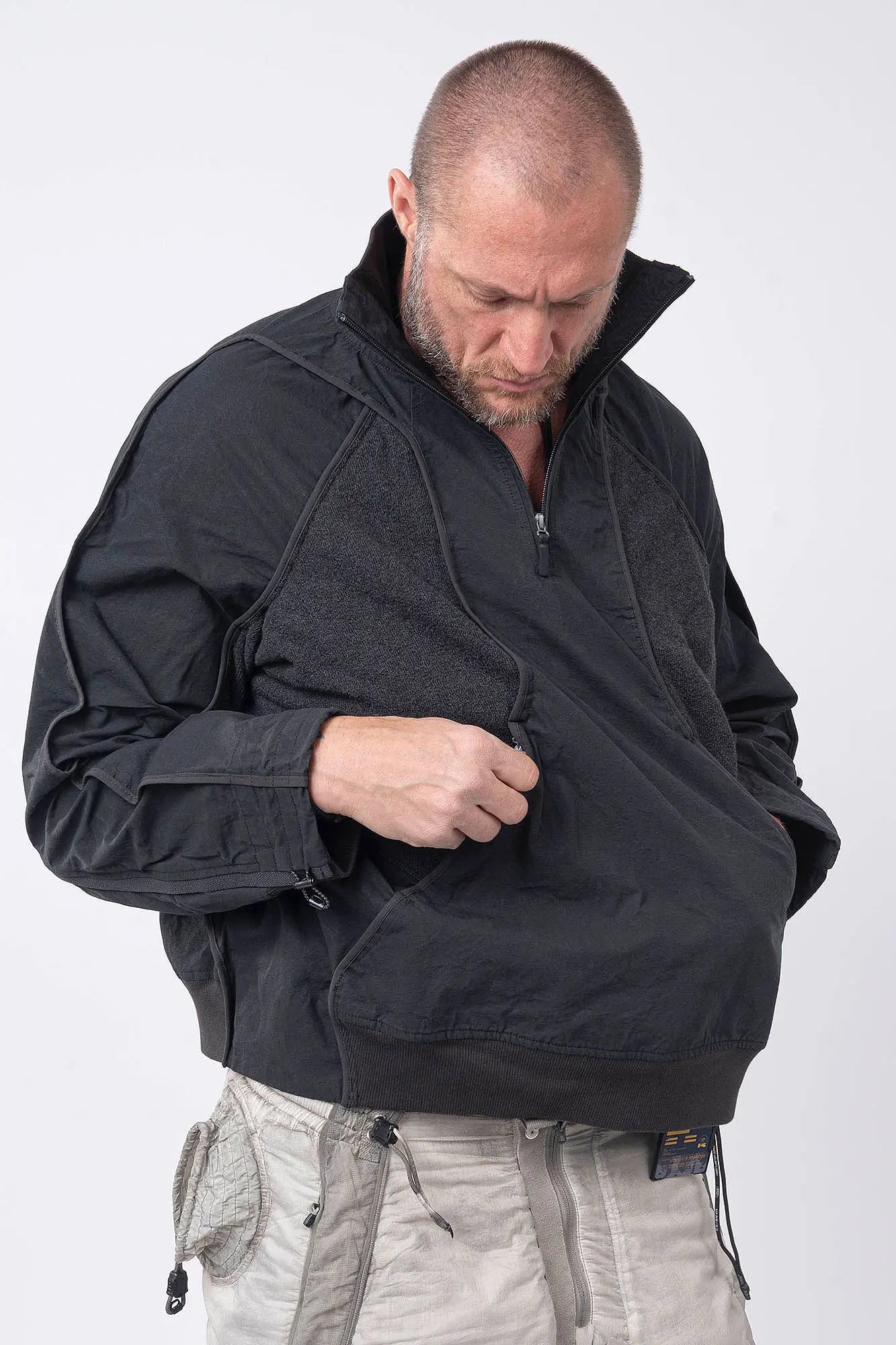Hamcus, Mens Pullover, Matte Black, Dark Grey, Dark Gray, Half-Zip, Quarter-Zip, Long Sleeves, Mock Neck, Symmetric Panel Design, Ribbed Hem and Sleeve Cuffs, Side Pockets, Elastic Drawcord Adjustable Cuffs with Cordstoppers, Ribbed Neck, Back LP World Print, Front 3/4 Portrait Pockets Showcase. 