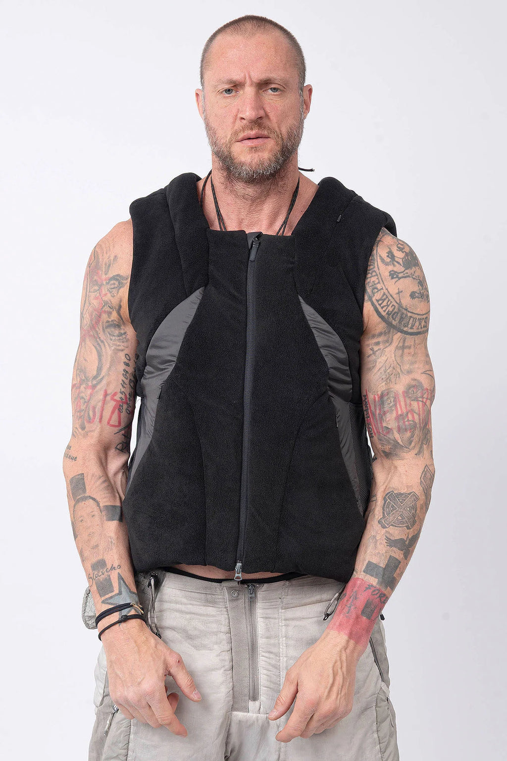 Hamcus, Mens Vest, Black, Fleece, Multi-Fabric Blend, Sleeveless, Full-Zip, Vislon Zipper, Plastic Zipper, Side Pockets, Breathable Back Mesh, Shoulder Zippers, Panel Construction, Patchwork Design, Centre Zip Closure, Ventilated, Front Portrait. 