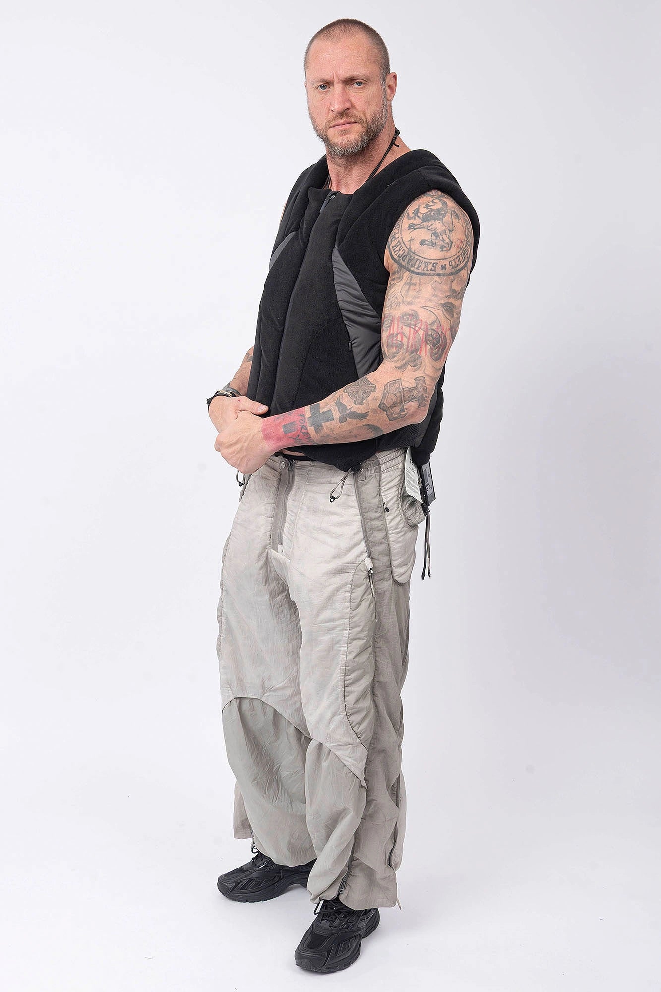 Hamcus, Mens Vest, Black, Fleece, Multi-Fabric Blend, Sleeveless, Full-Zip, Vislon Zipper, Plastic Zipper, Side Pockets, Breathable Back Mesh, Shoulder Zippers, Panel Construction, Patchwork Design, Centre Zip Closure, Ventilated, Full Body Front 3/4 View. 