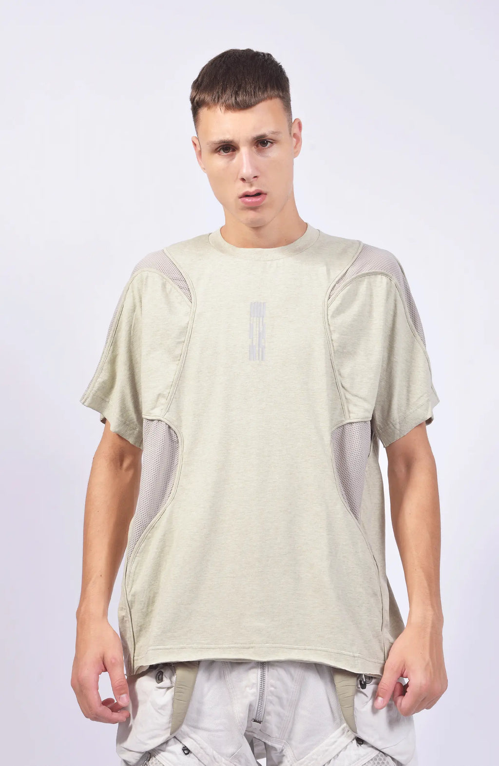 Hamcus, Mens T-Shirt, White, Sage Grey, Multi-Fabric, Patchwork Design, Panel Construction, Stretch Cotton, Breathable Mesh Inserts, Scars Chest Print, Loose Fit, Ventilated, Short Sleeves, Front Portrait. 